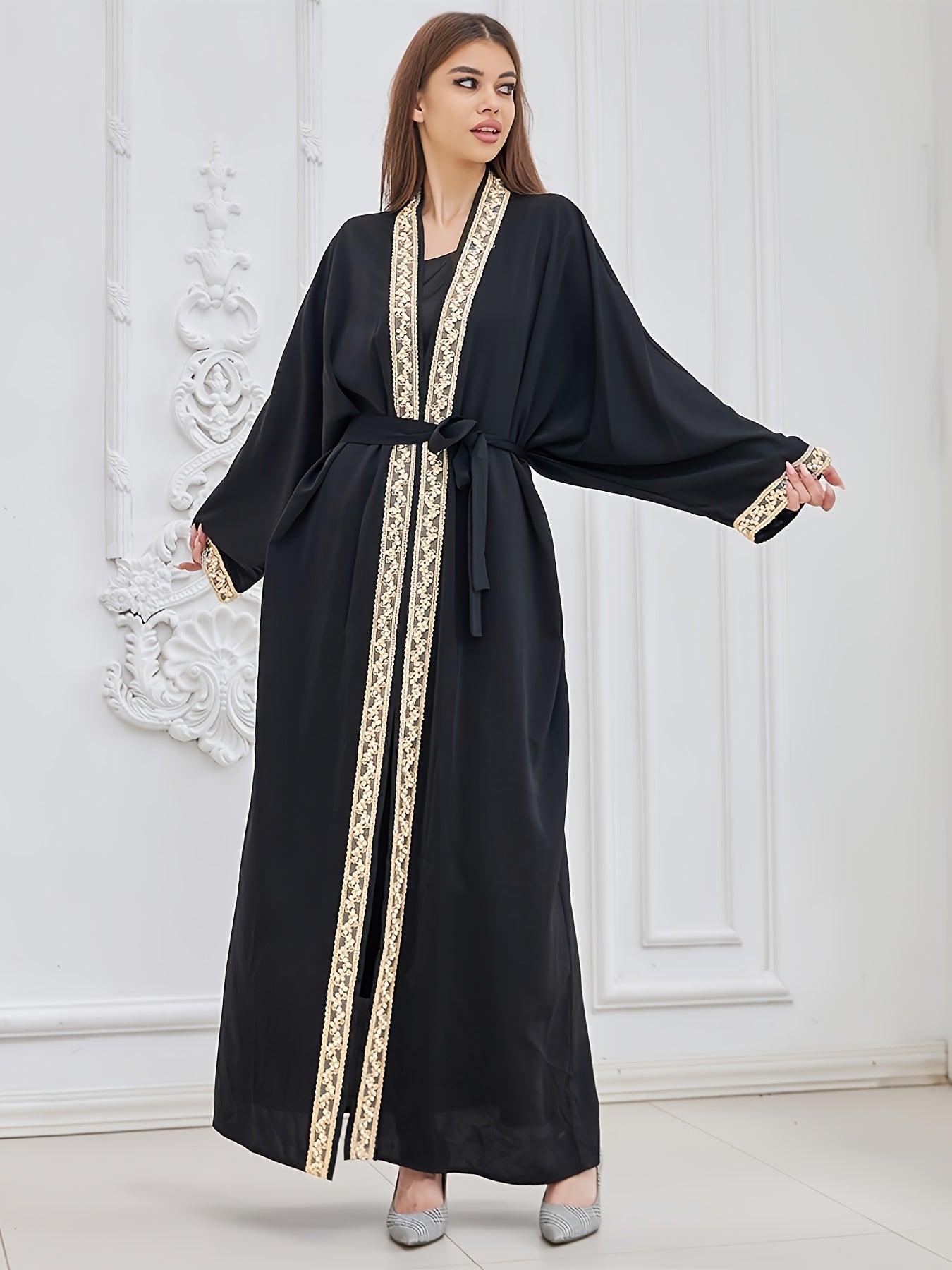 Contrast Trim Beaded Abaya, Elegant Batwing Sleeve Loose Maxi Belted Dress