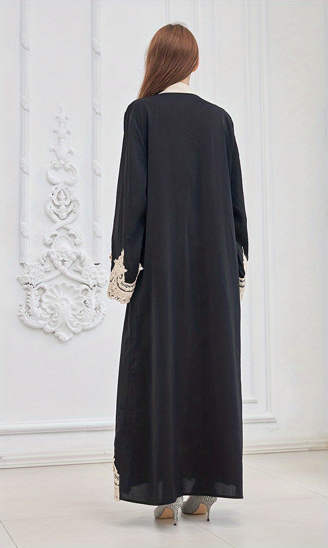 Contrast Lace Open Front Kaftan, Elegant Long Sleeve Maxi Dress