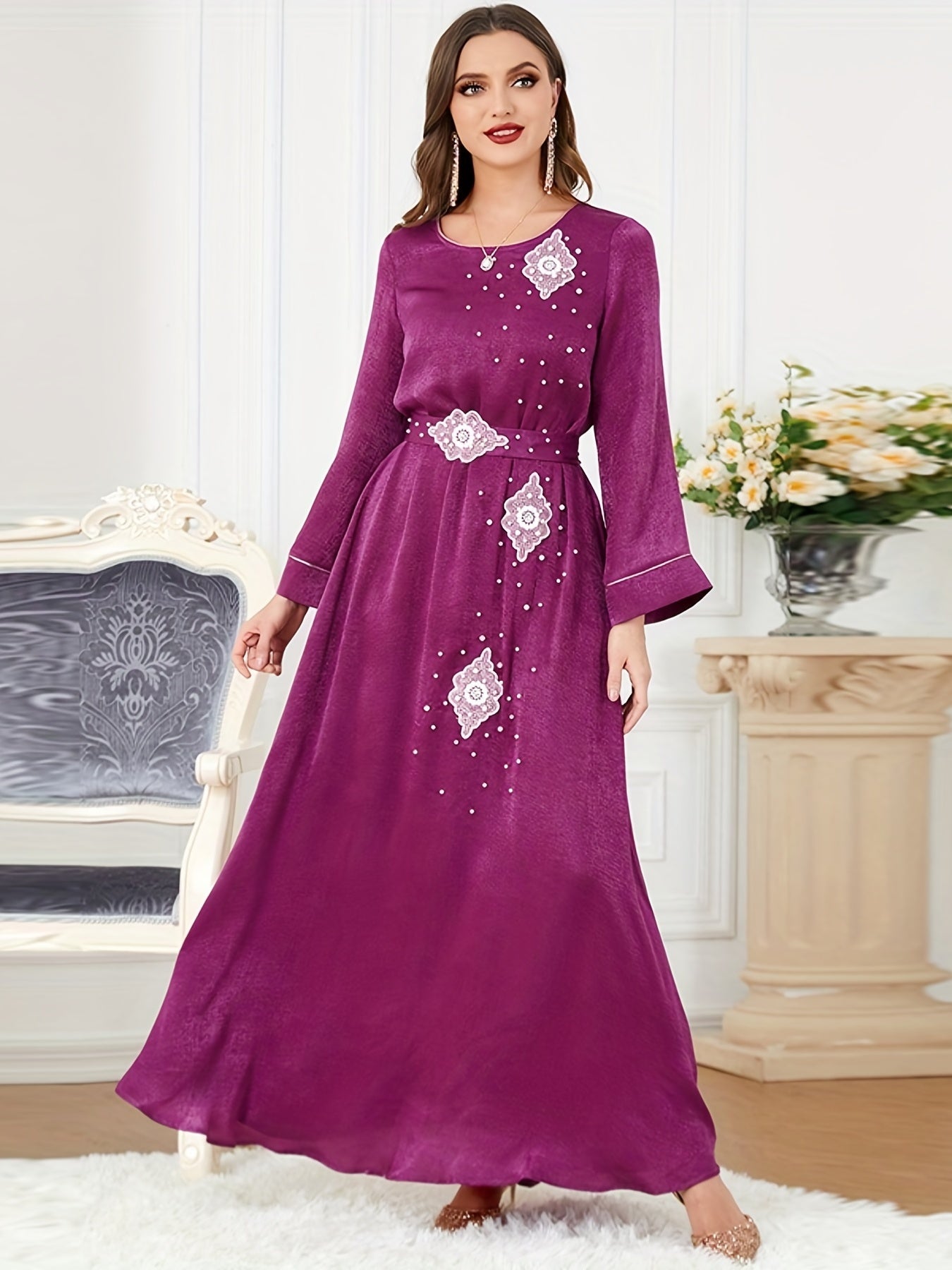 Beaded Decor Kaftan, Elegant Crew Neck Long Sleeve Dress