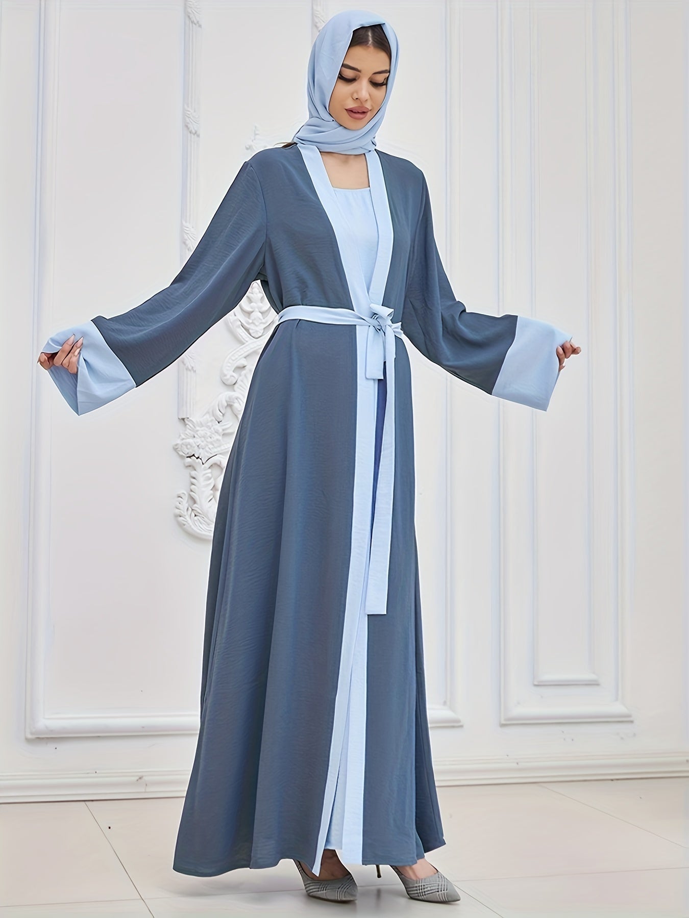 Elegant Two-piece abaya, Loose Tank Dress & Contrast Trim Open Front Tied Wrap Cardigan With Headscarf