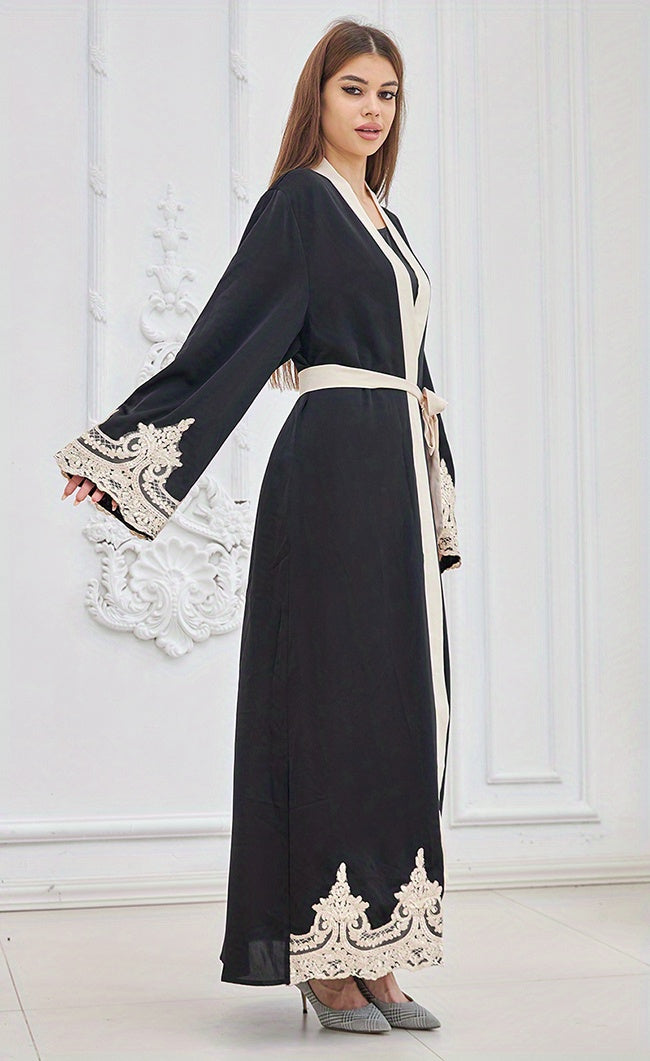 Contrast Lace Open Front Kaftan, Elegant Long Sleeve Maxi Dress