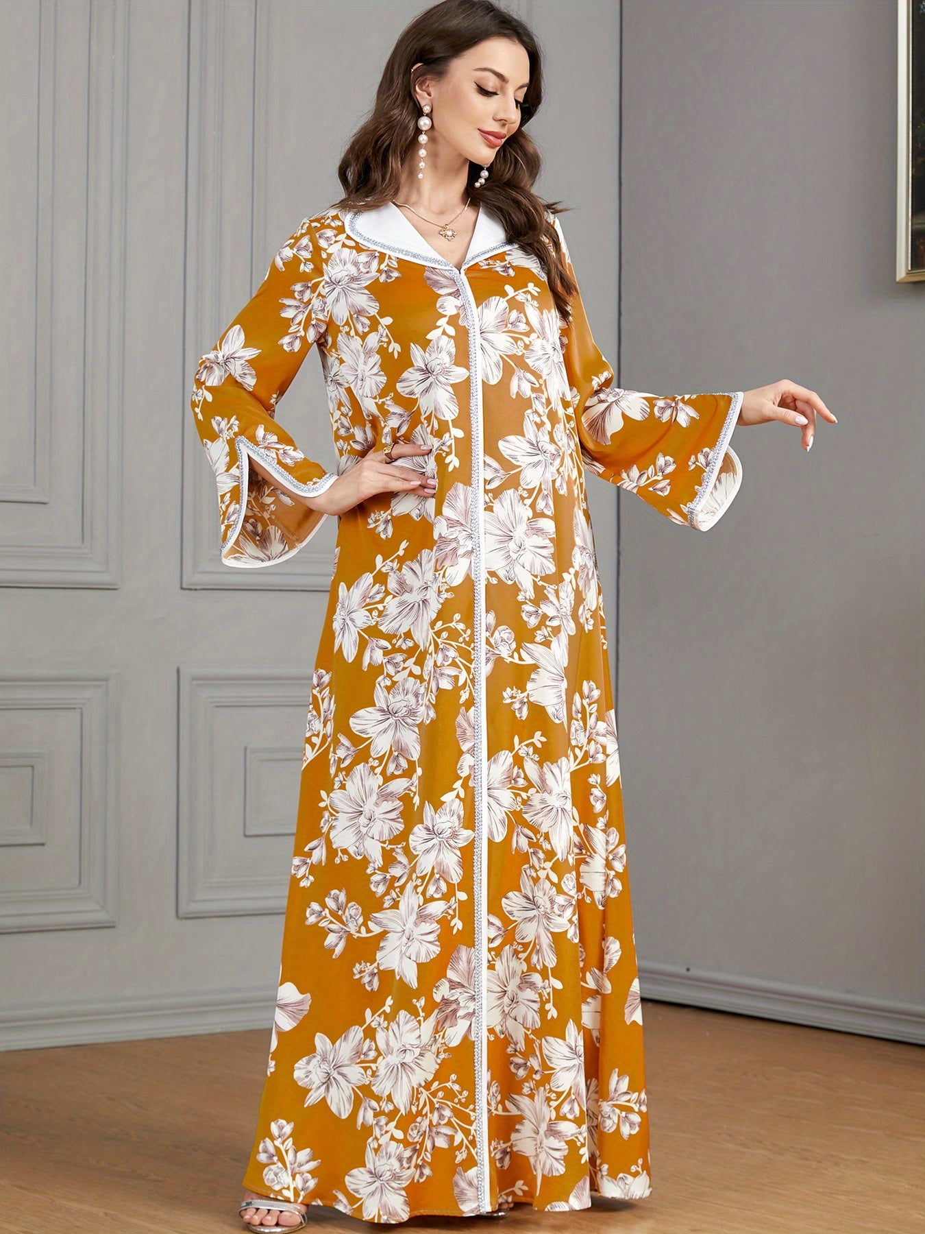 Floral Print Maxi Kaftan Dress, Elegant Split Long Sleeve Dress