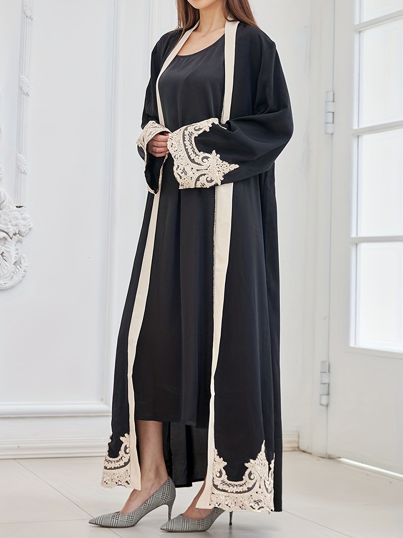 Contrast Lace Open Front Kaftan, Elegant Long Sleeve Maxi Dress