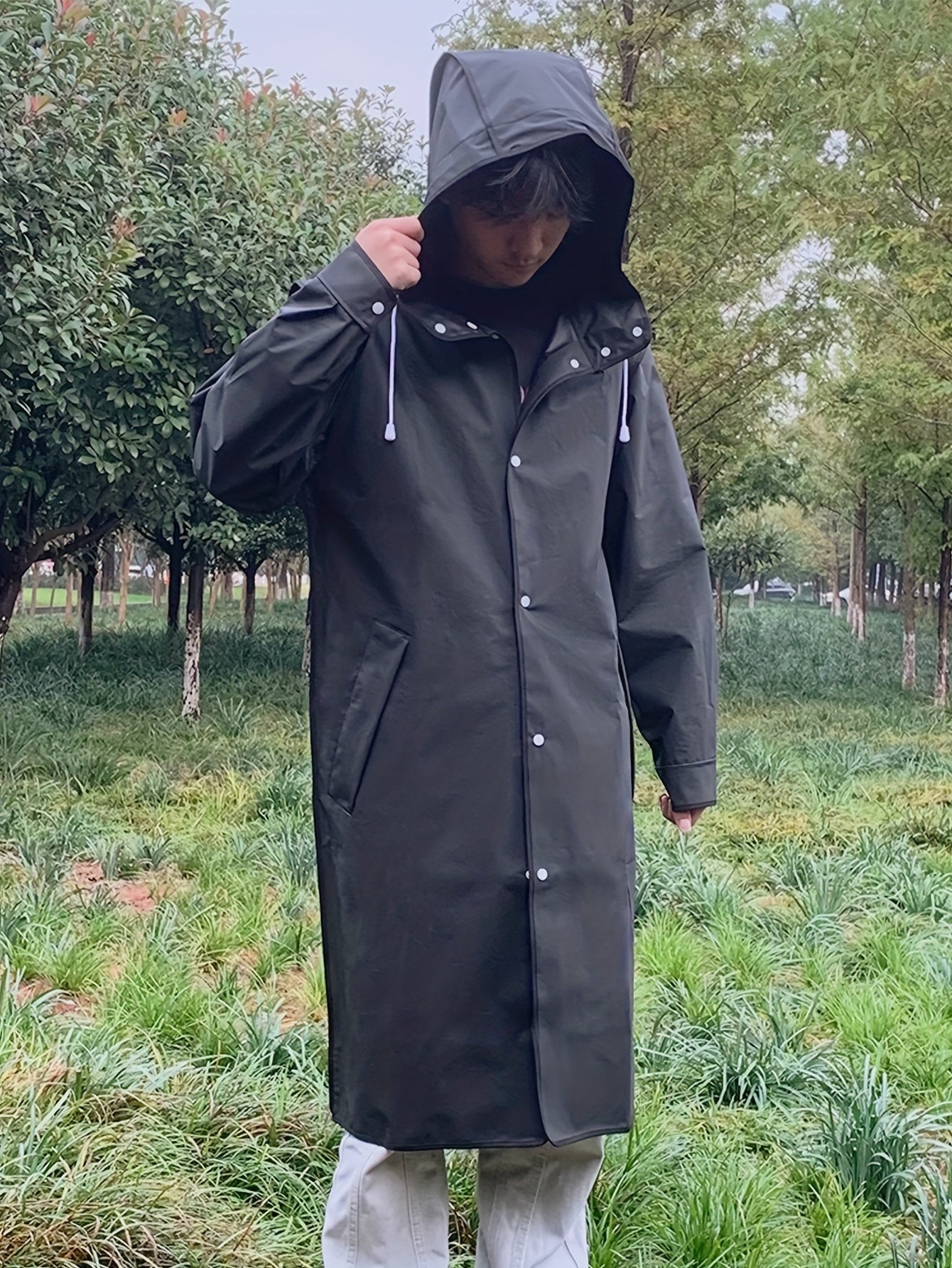 Unisex Hooded Raincoat, Casual Button Up Rain Poncho For Outdoor Raining Days