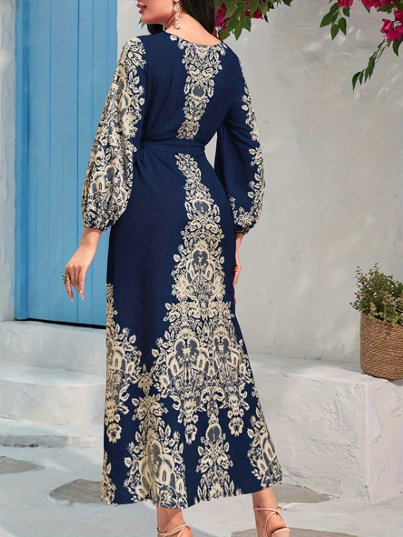 Graphic Print Tie Waist Kaftan, Elegant Lantern Sleeve Maxi Length