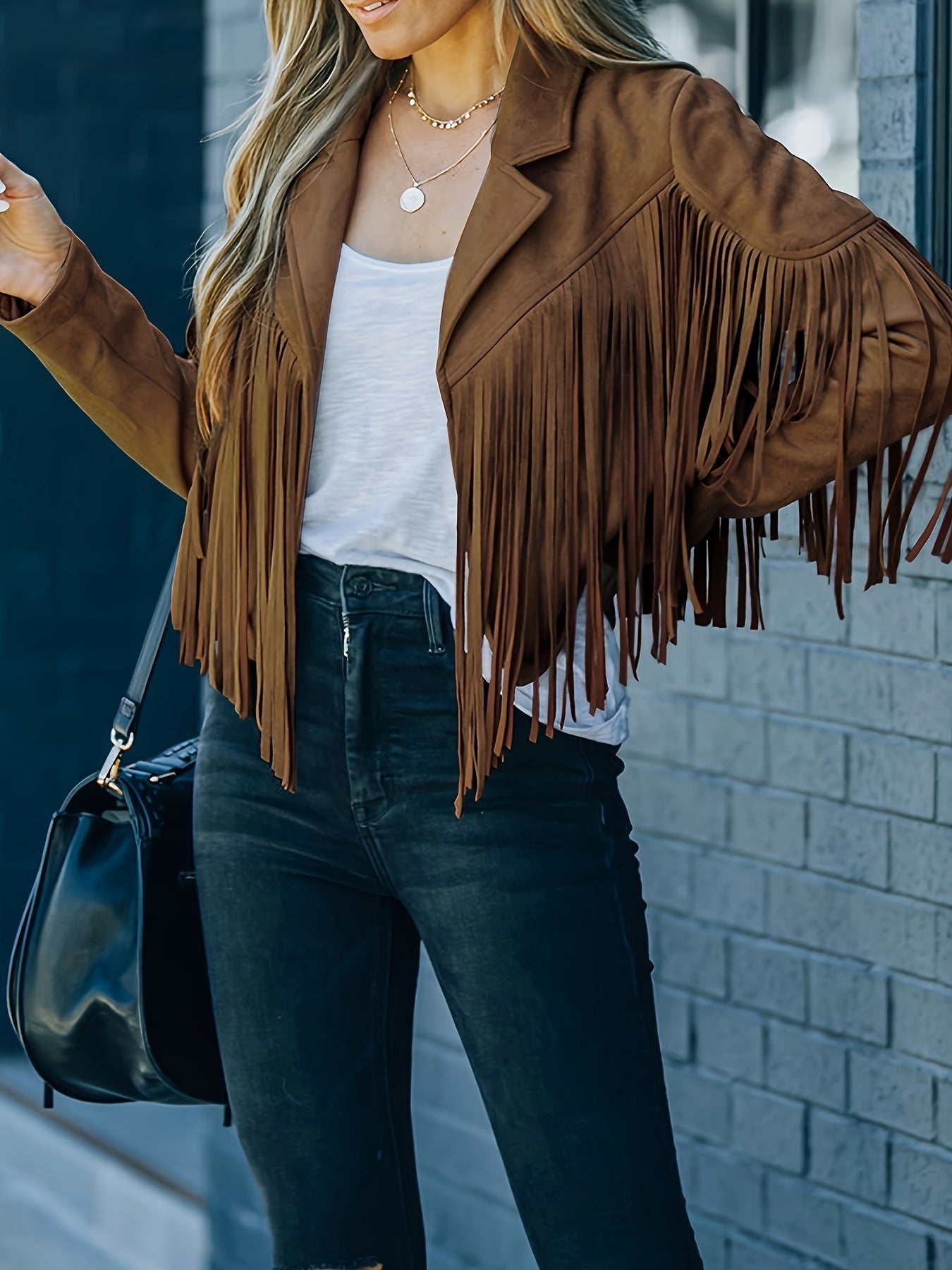 Cropped Fringe Suede Faux Leather Motorcycle Jacket, Fashion Tassel Lightweight Solid Jacket, Women's Clothing