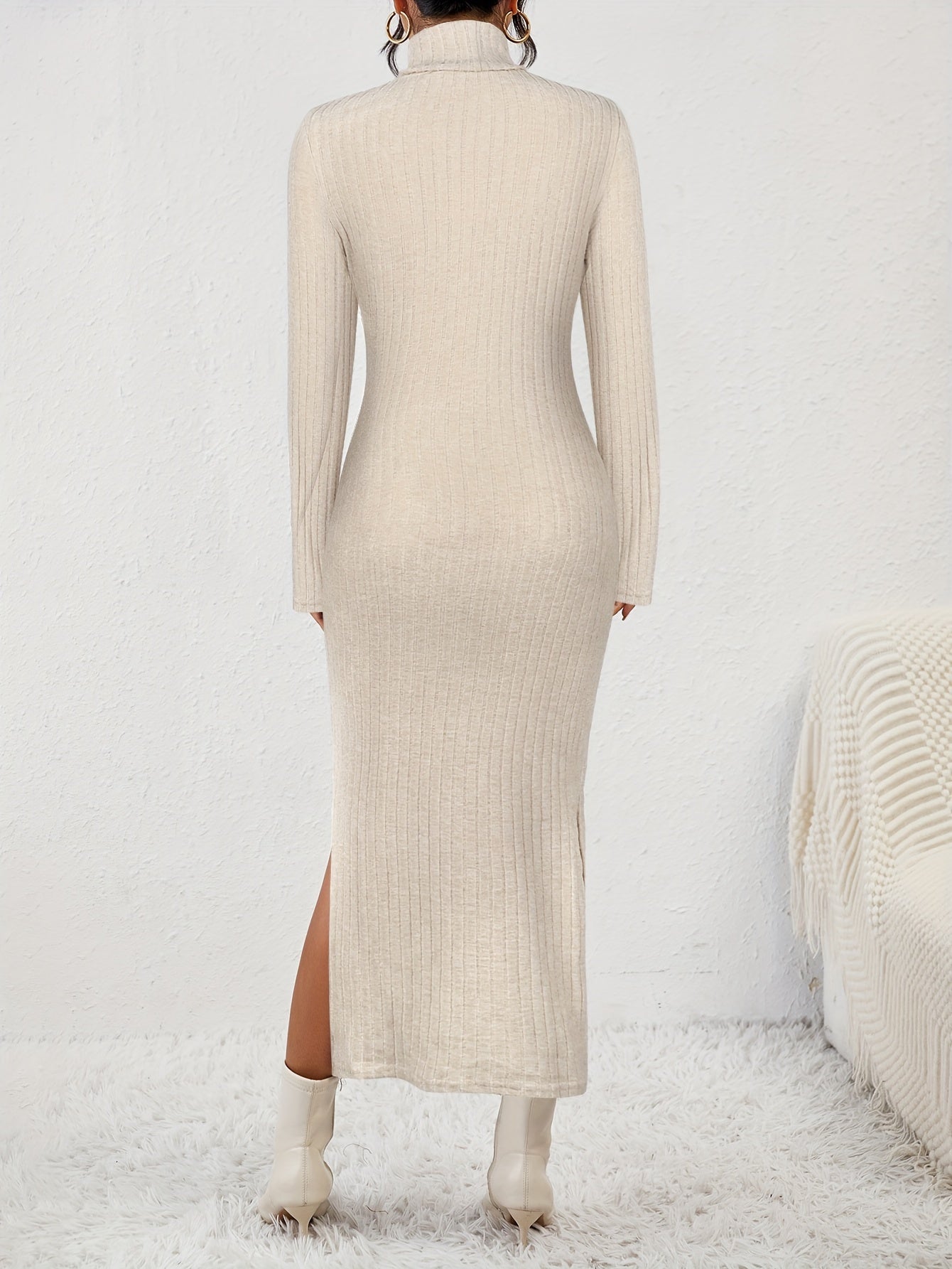 Turtleneck Split Solid Dress, Elegant Long Sleeve Bodycon Midi Dress, Women's Clothing