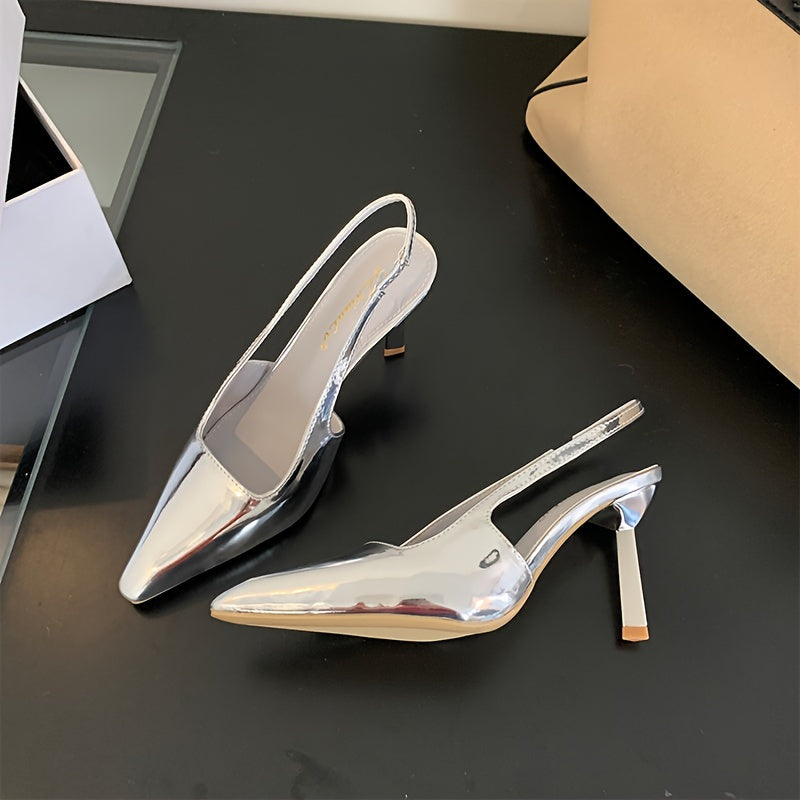 Pointed Toe Stiletto Heel Sandals - High Gloss Finish Elegant Evening Sandals, Slip-On Design with Man Made Materials and Rubber Sole,