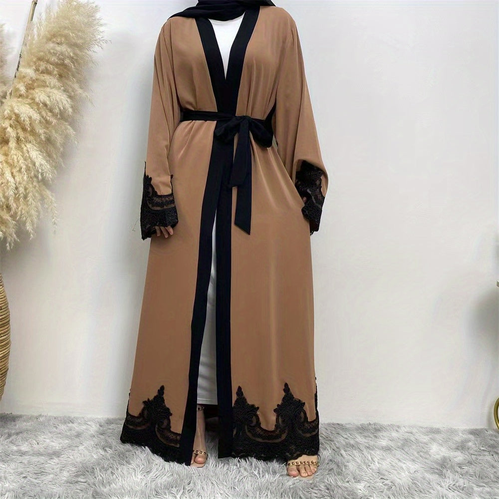 Contrast Lace abaya, Elegant Open Front Long Sleeve Maxi Modest abaya