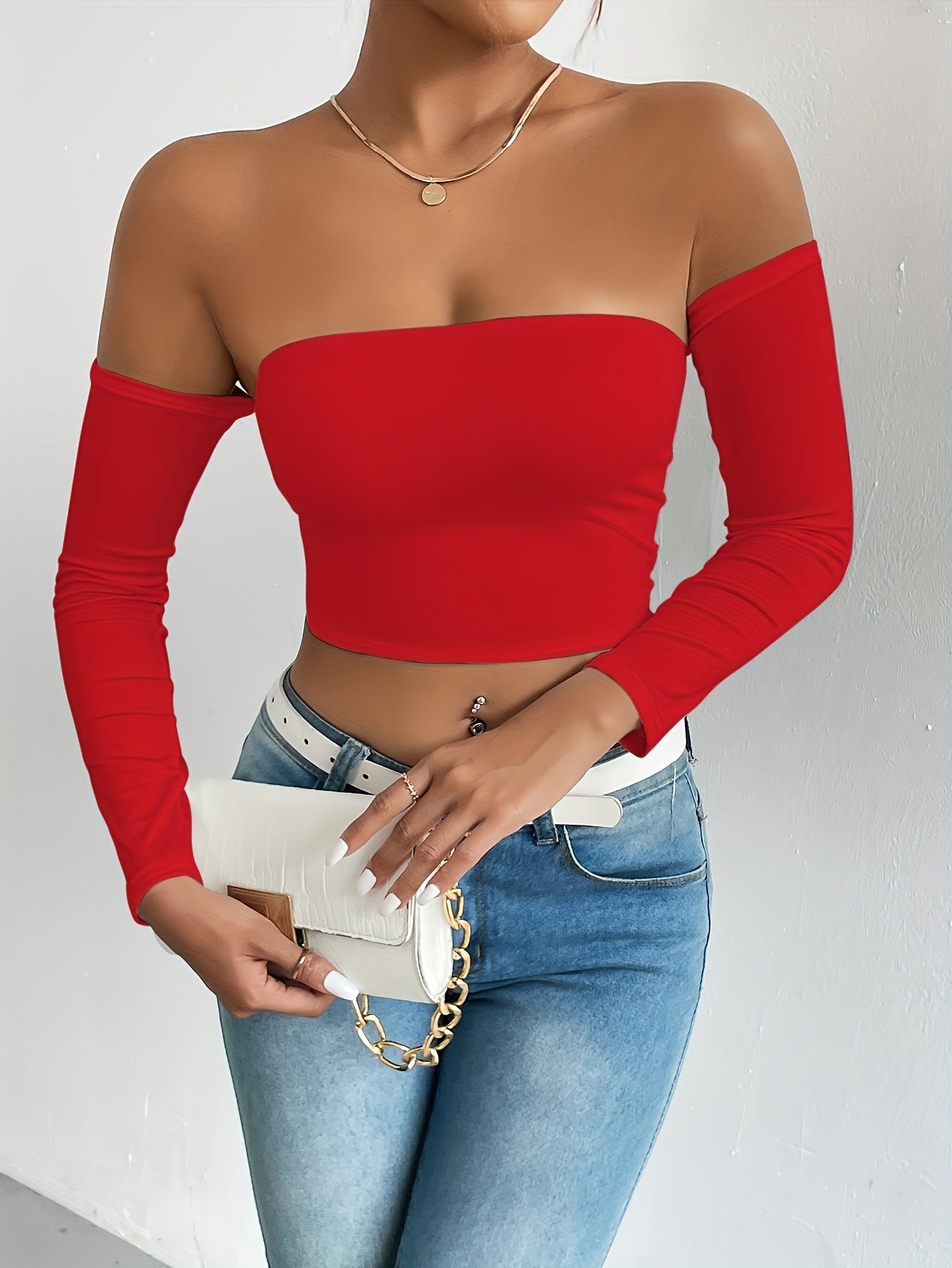 Solid Color Off-shoulder Crop Top, Sexy Long Sleeve Slim Top, Women's Clothing