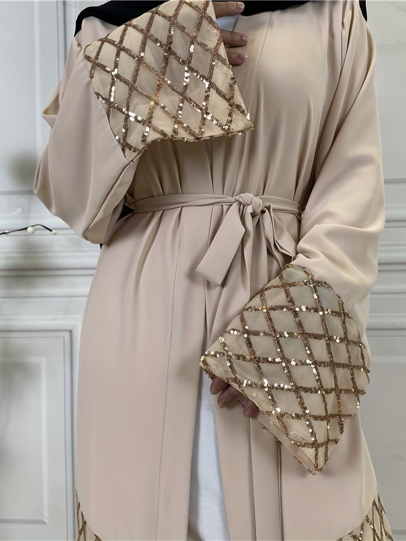 Long Sleeve Wrap Tied Kaftan Dress, Elegant Ruffle Hem Maxi Length Dress