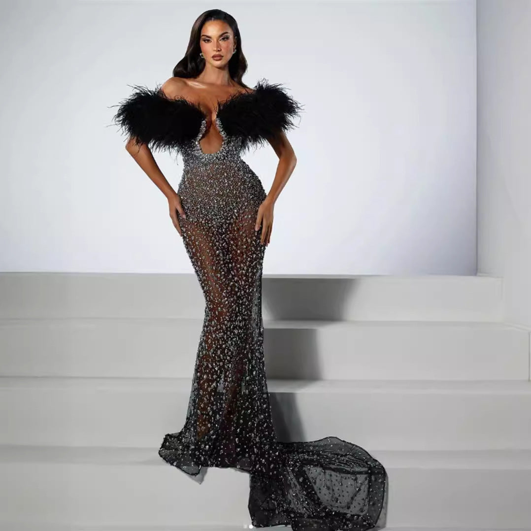 Luxury Feather Rhinestone V-neck Tube Top Sequins Dress