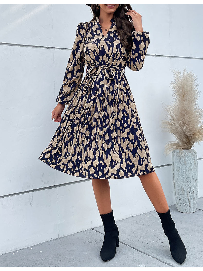 Women's Pleated Print Long Sleeve Dress