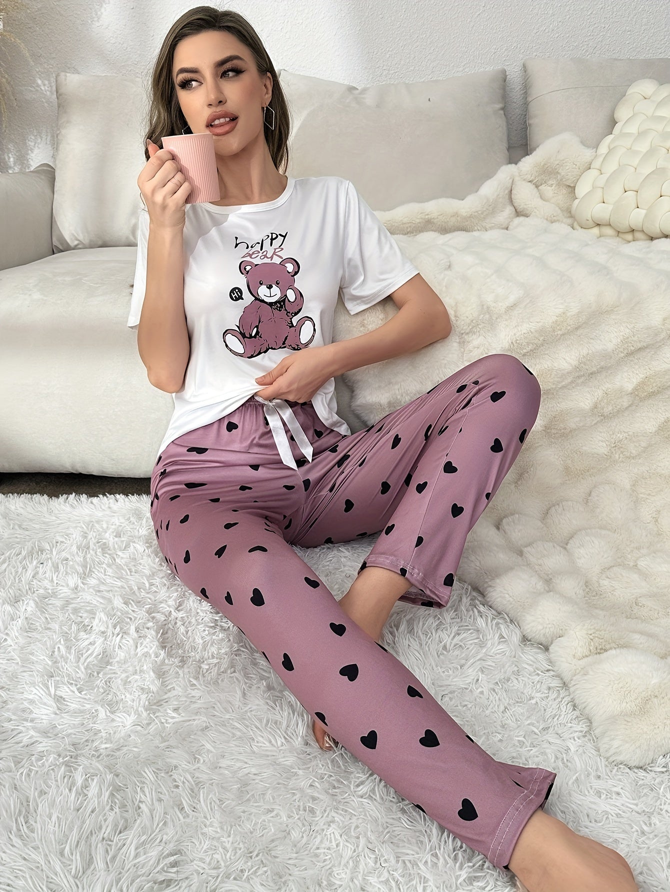 Cartoon Bear & Letter Print Pajama Set, Short Sleeve Crew Neck Top & Elastic Waistband Pants, Women's Sleepwear & Loungewear