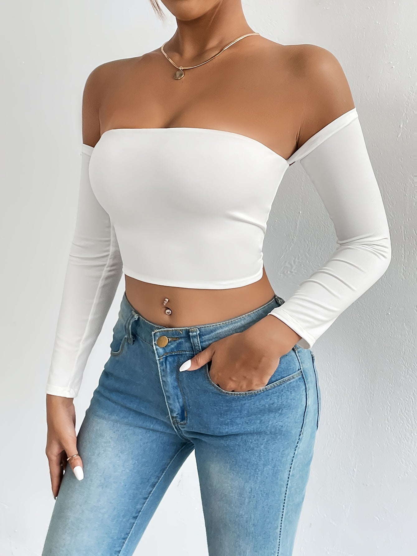 Solid Color Off-shoulder Crop Top, Sexy Long Sleeve Slim Top, Women's Clothing