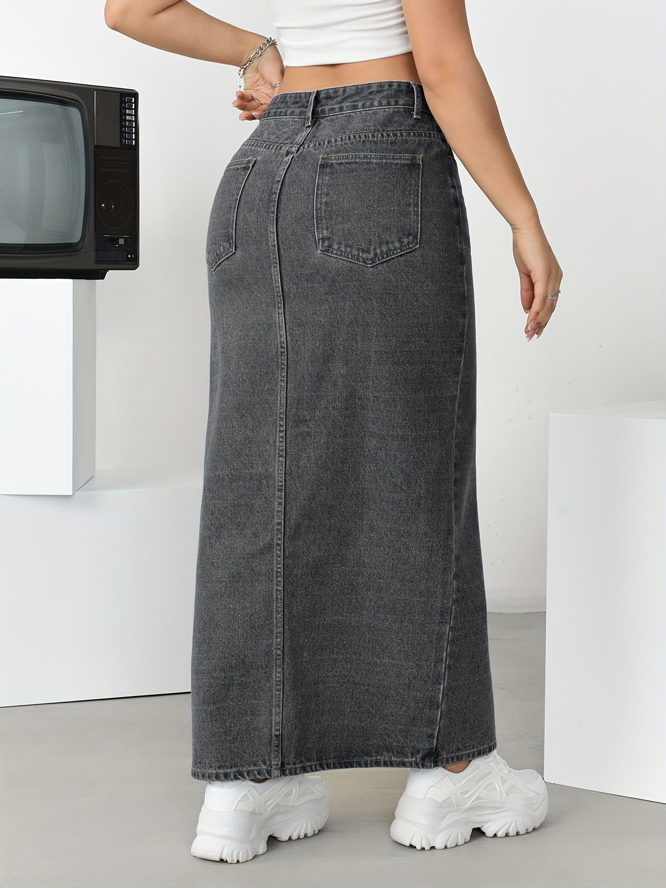 Women's High-Waisted Split Denim Skirt, Sexy Long Plain Maxi Jean Skirt With Side Slit, Vintage Style Fashion, Casual Streetwear