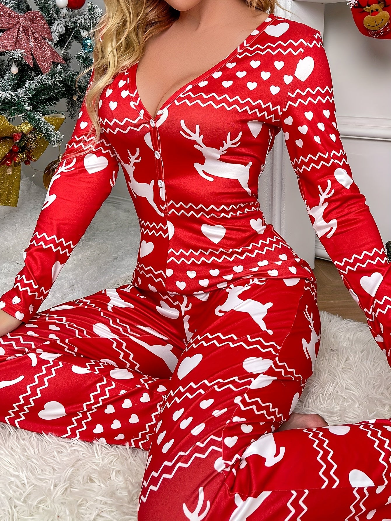 Christmas Deer Print Pajama Set, Casual V Neck Long Sleeve Button Up Top & Elastic Waistband Pants, Women's Sleepwear & Loungewear