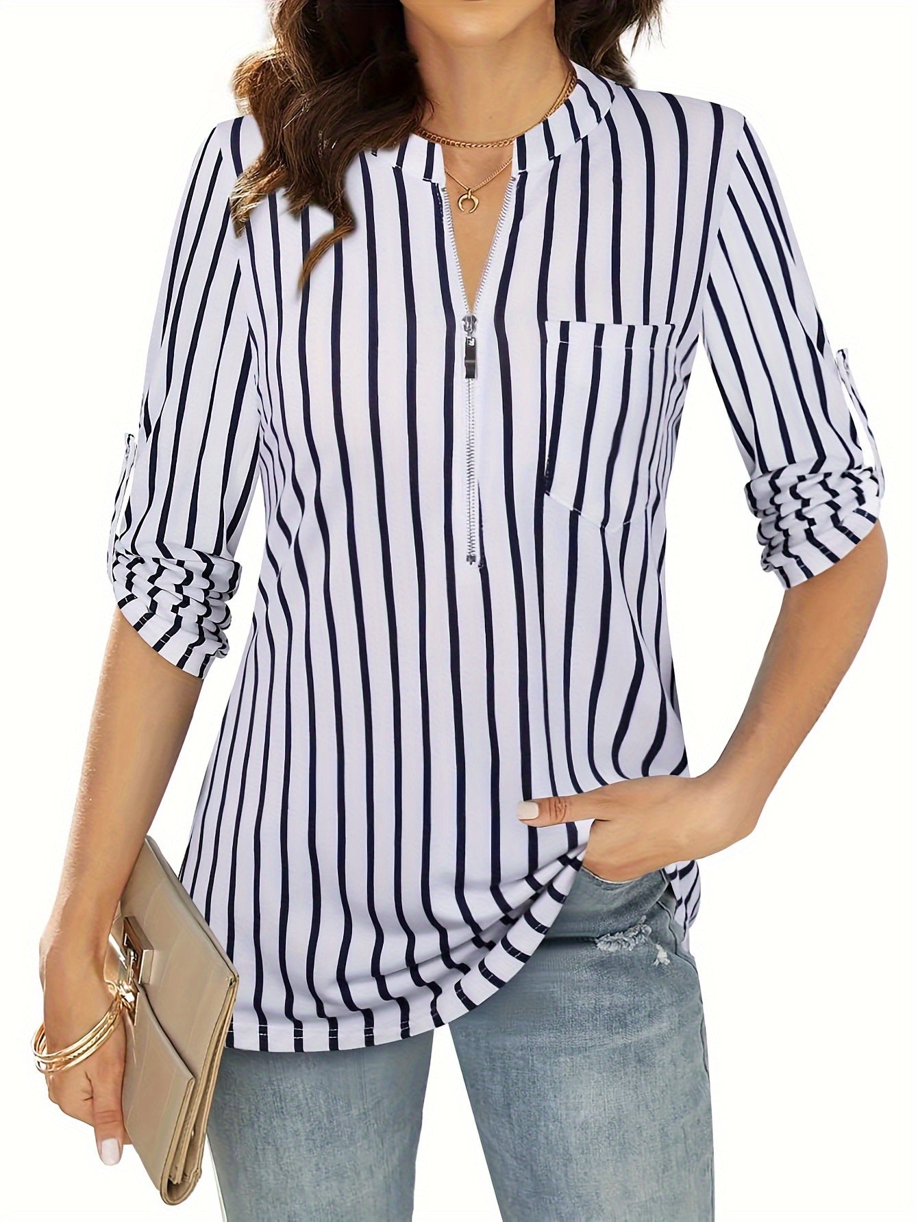 Striped Print Zip Front Blouse, Casual Long Sleeve Top For Spring, Women's Clothing