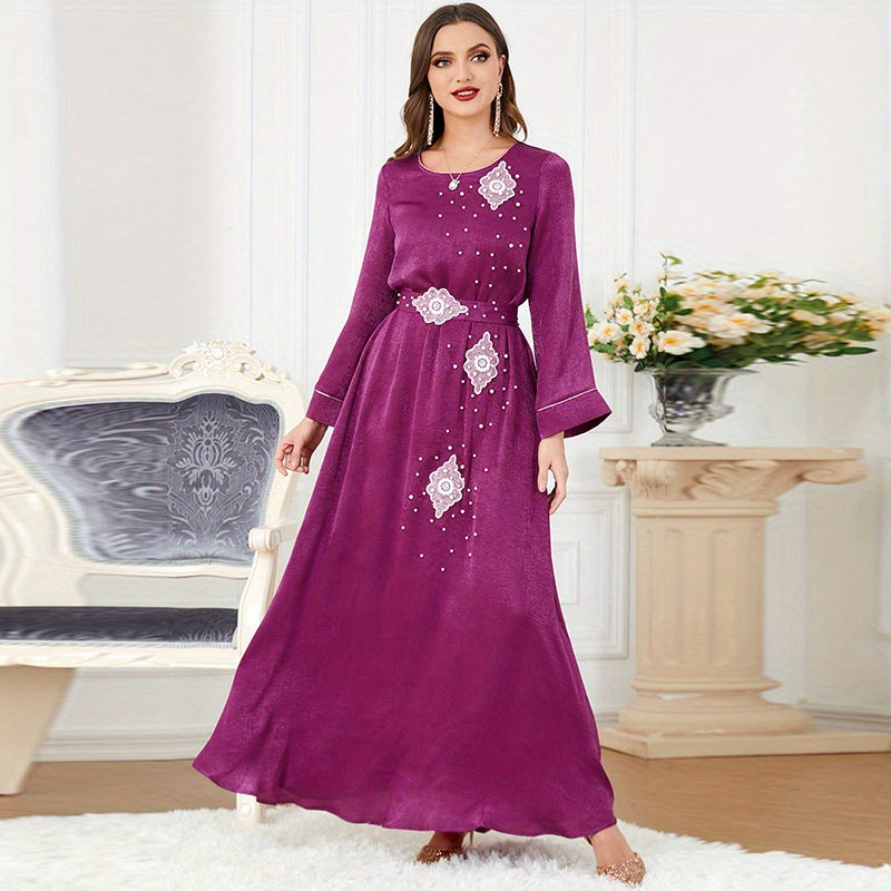 Beaded Decor Kaftan, Elegant Crew Neck Long Sleeve Dress