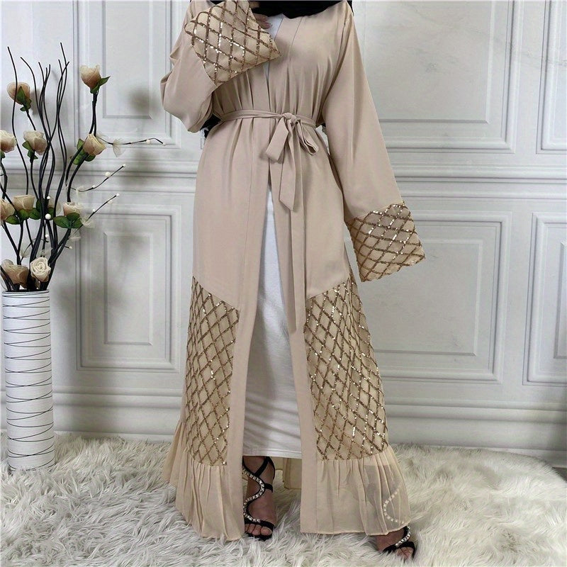 Long Sleeve Wrap Tied Kaftan Dress, Elegant Ruffle Hem Maxi Length Dress