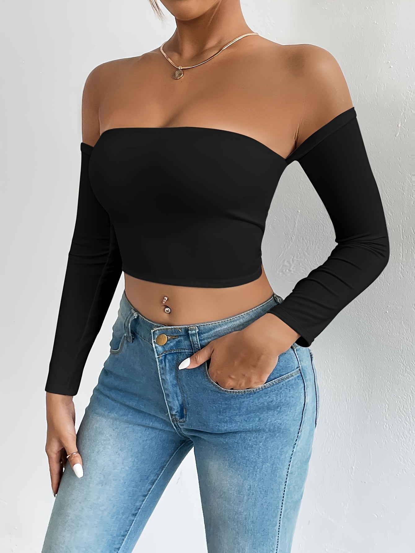 Solid Color Off-shoulder Crop Top, Sexy Long Sleeve Slim Top, Women's Clothing