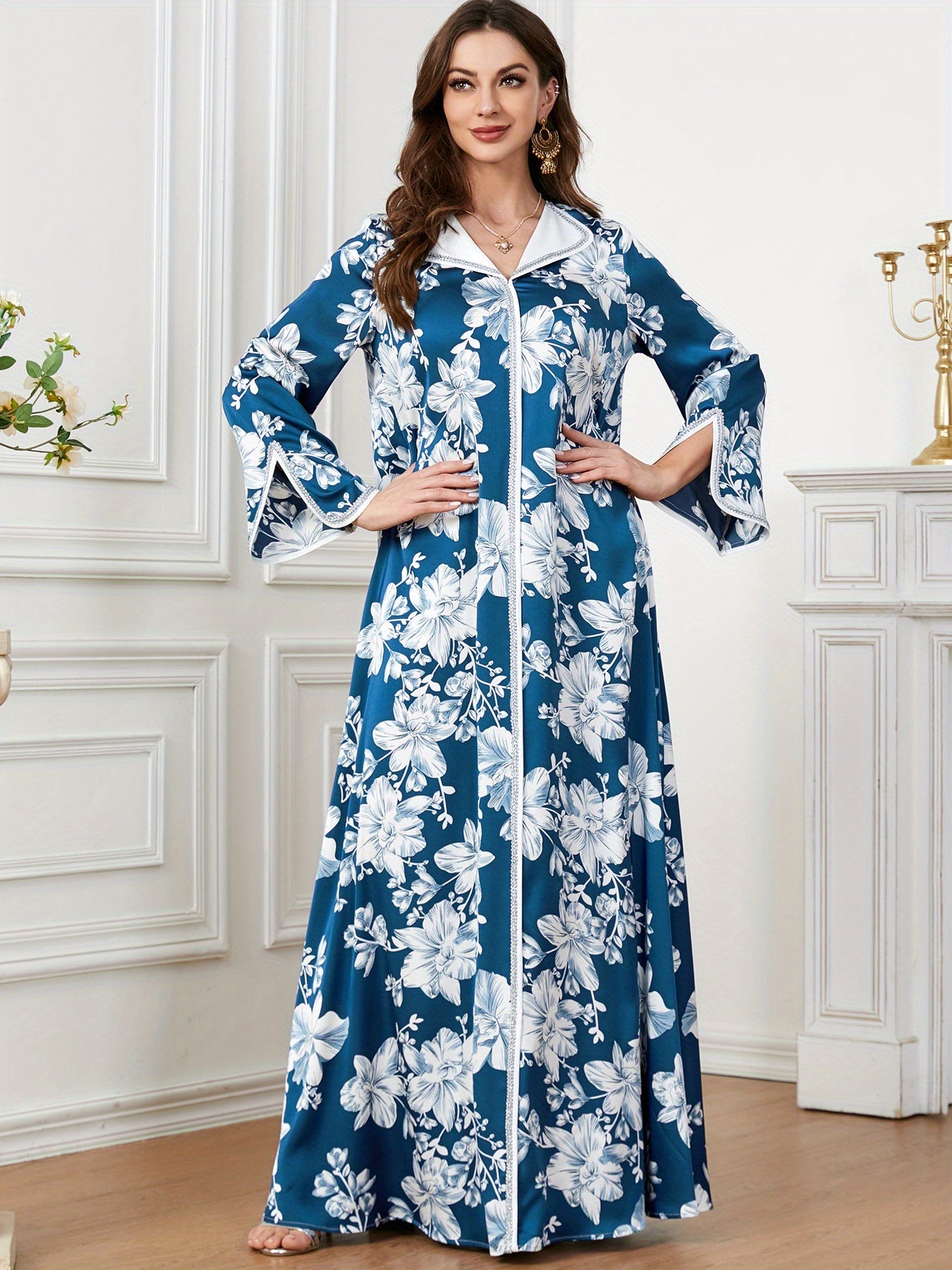 Floral Print Maxi Kaftan Dress, Elegant Split Long Sleeve Dress