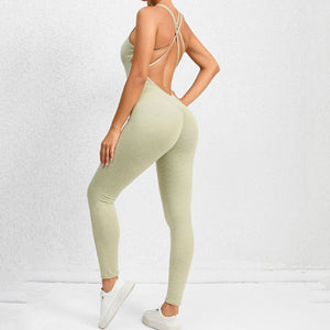 Yoga Jumpsuit With Cross-strap Back Design Quick-drying Tight-fitting Running Sports Fitness Pants Fashion Seamless Leggings For Womens Clothing