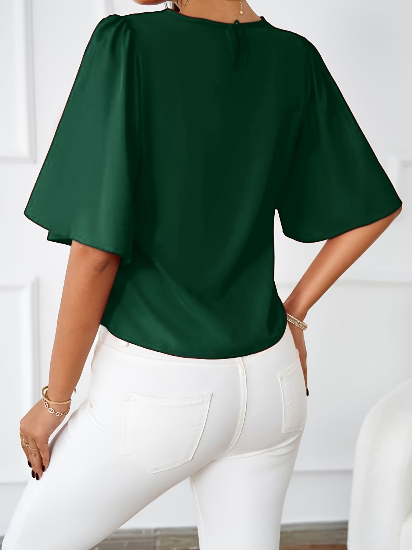 Solid Crew Neck Blouse, Elegant Ruffle Sleeve Blouse, Women's Clothing