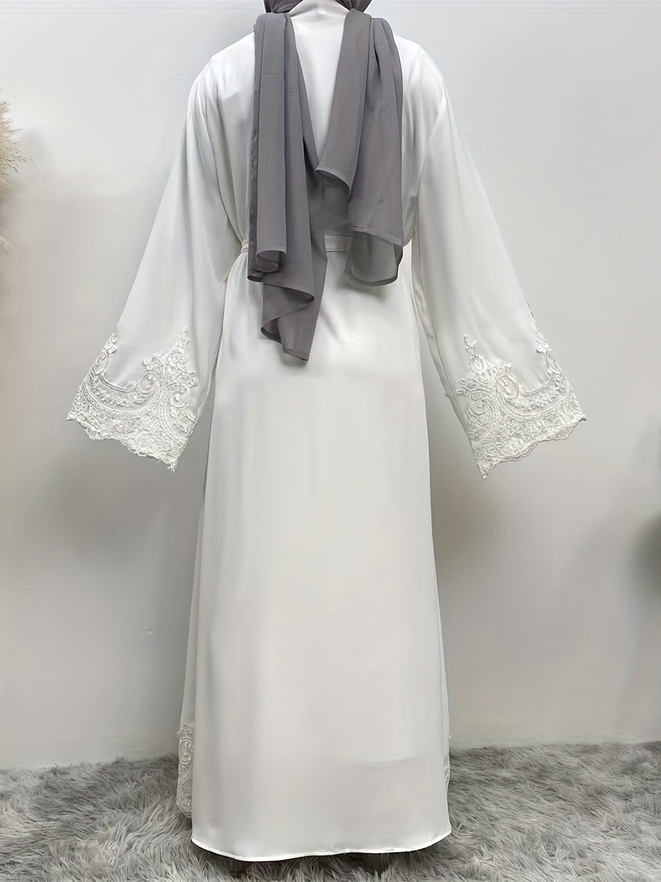 Contrast Lace abaya, Elegant Open Front Long Sleeve Maxi Modest abaya