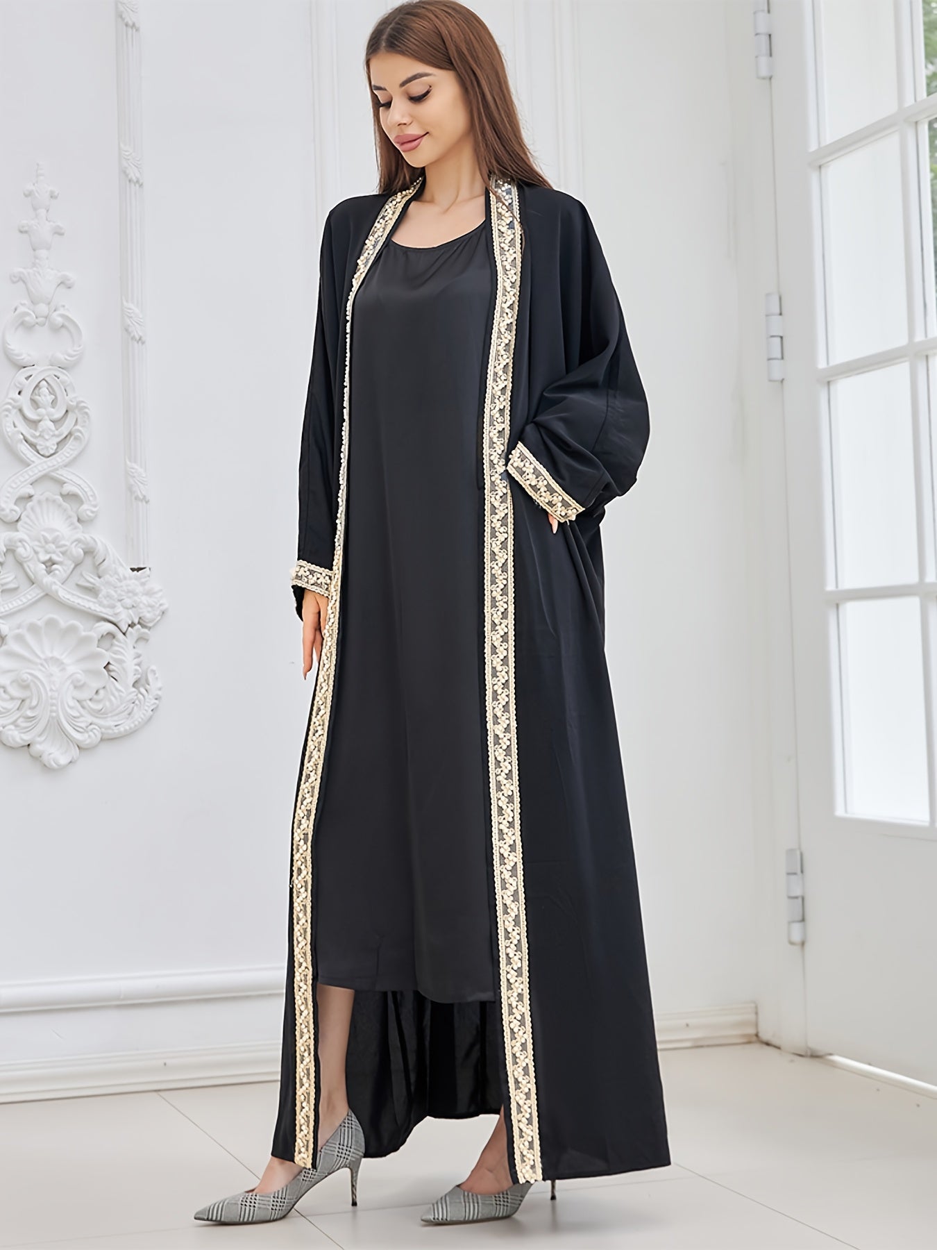 Contrast Trim Beaded Abaya, Elegant Batwing Sleeve Loose Maxi Belted Dress