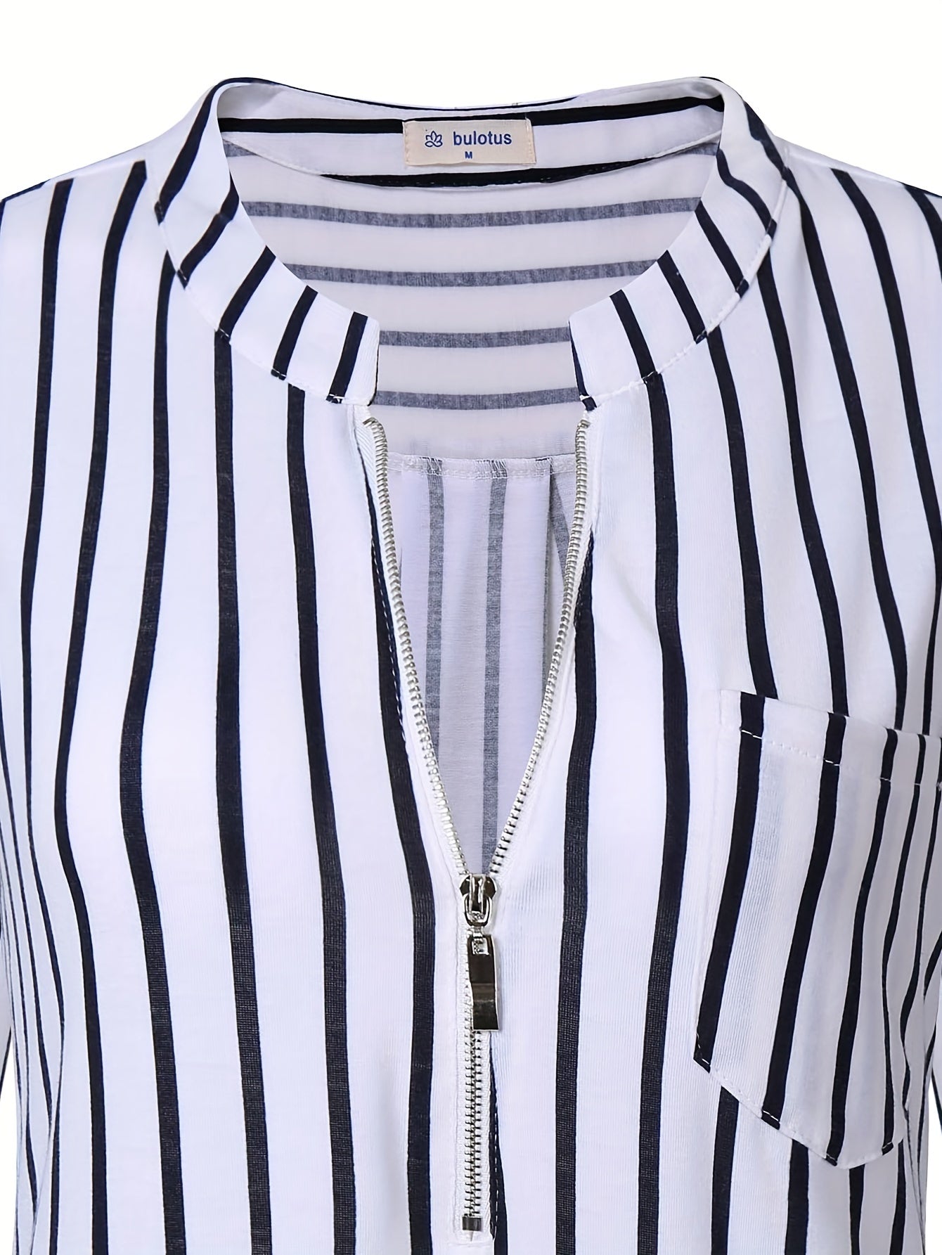 Striped Print Zip Front Blouse, Casual Long Sleeve Top For Spring, Women's Clothing