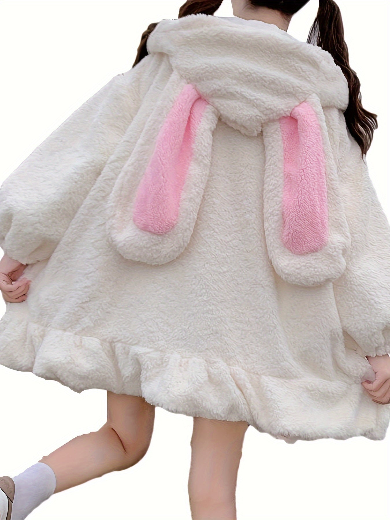 Zipper Front Anime Bunny Ears Hooded Coat, Cute Ruffle Hem Long Sleeve Drawstring Fleece Coat, Women's Clothing