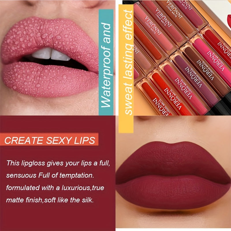 VERONNI Non-stick Cup Matte Lip Gloss Velvet Misty Lip Glaze Non-fading Creamy Lipstick Makeup Highly Pigmented