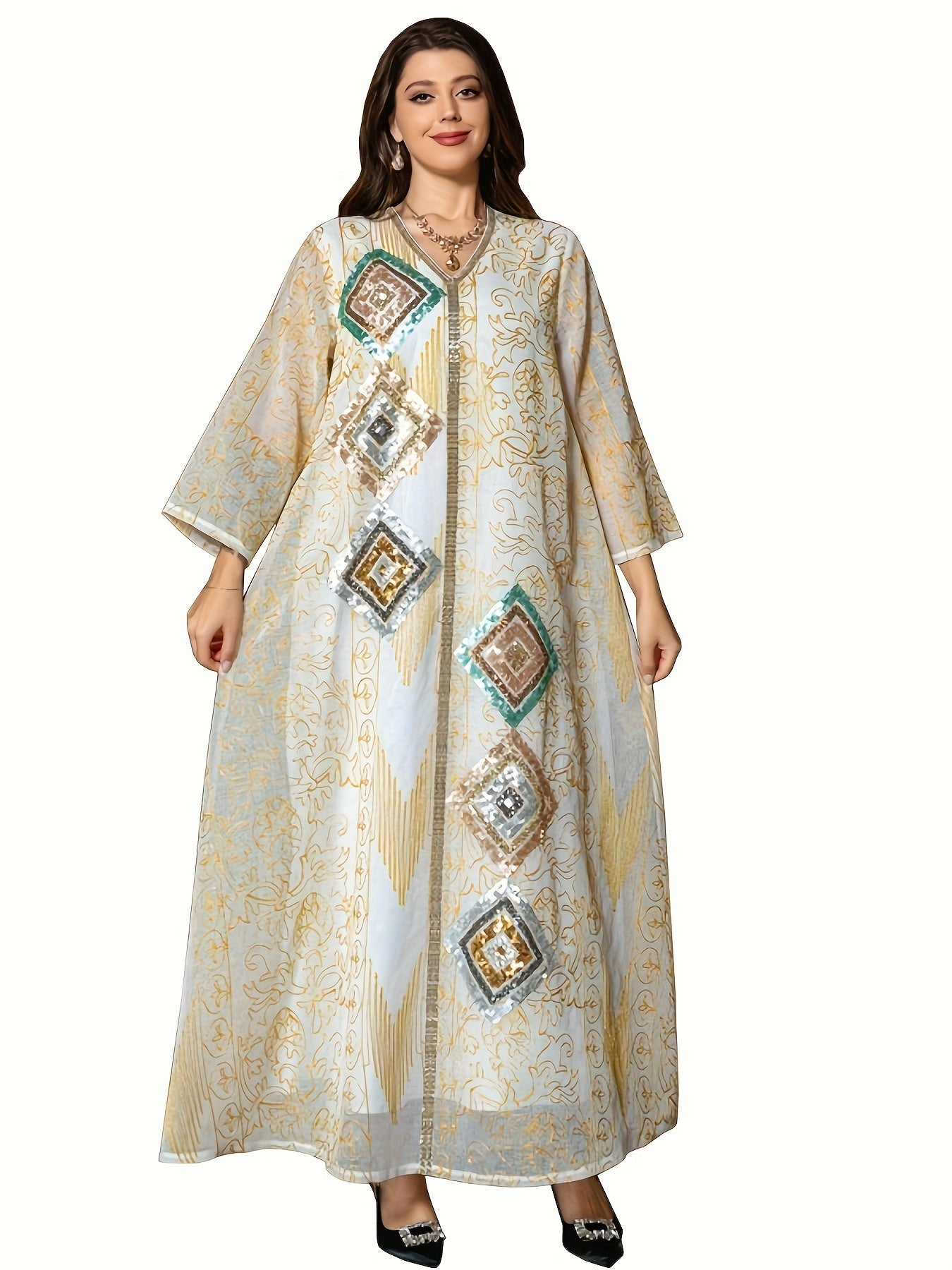 Embroidered Sequin V Neck Kaftan Dress