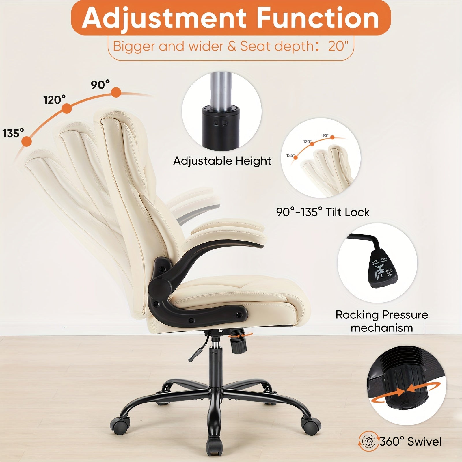 Ergonomic Computer Gaming Chair, PU Leather Office Chair High Back Heavy Duty Task Desk Chair with Flip-up Arms, Adjustable Swivel Rolling Chair with Wheels