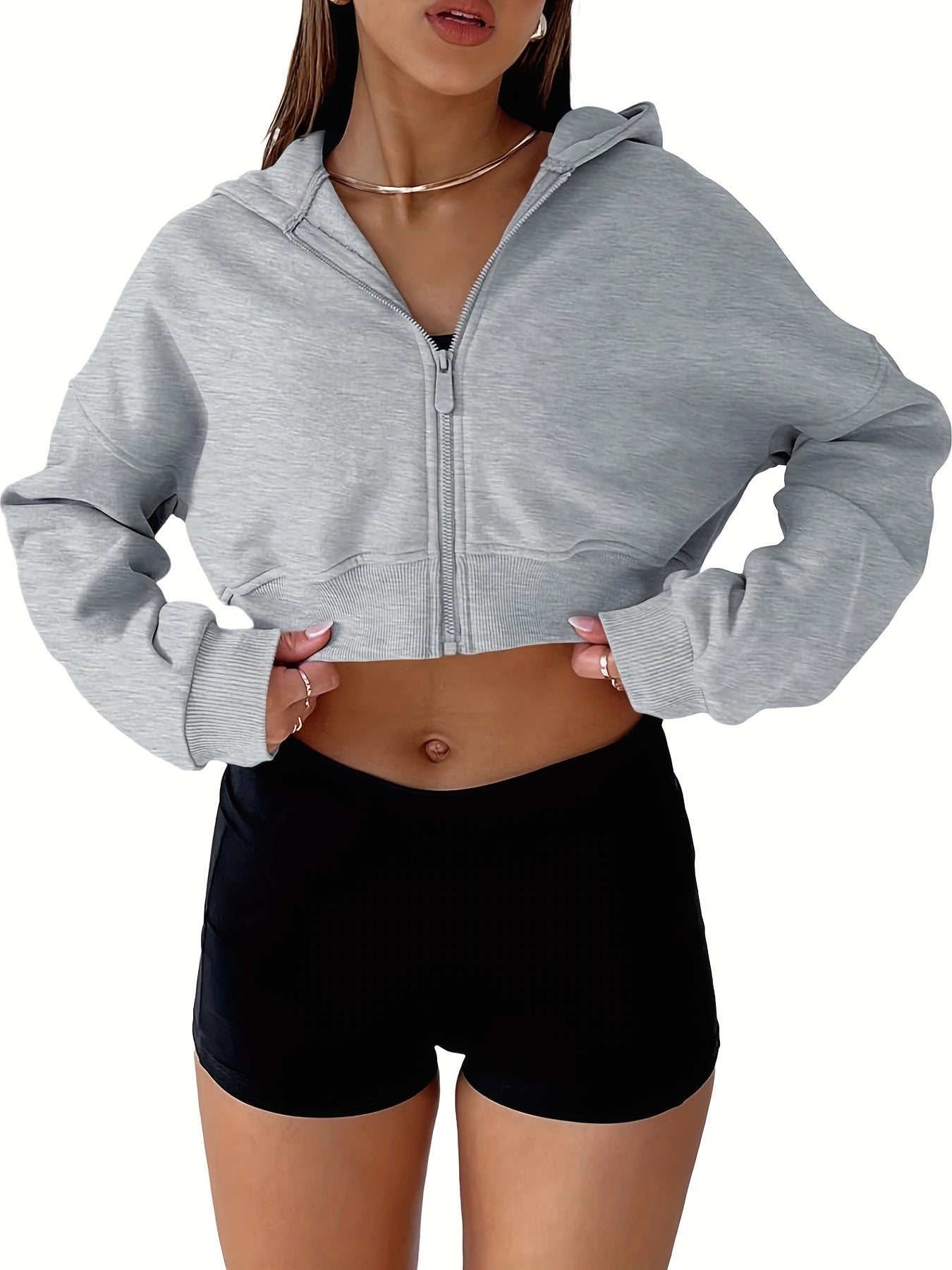 Drop Shoulder Crop Zipper Hoodie, Y2K Long Sleeve Solid Simple Versatile Hoodies Sweatshirt, Women's Clothing