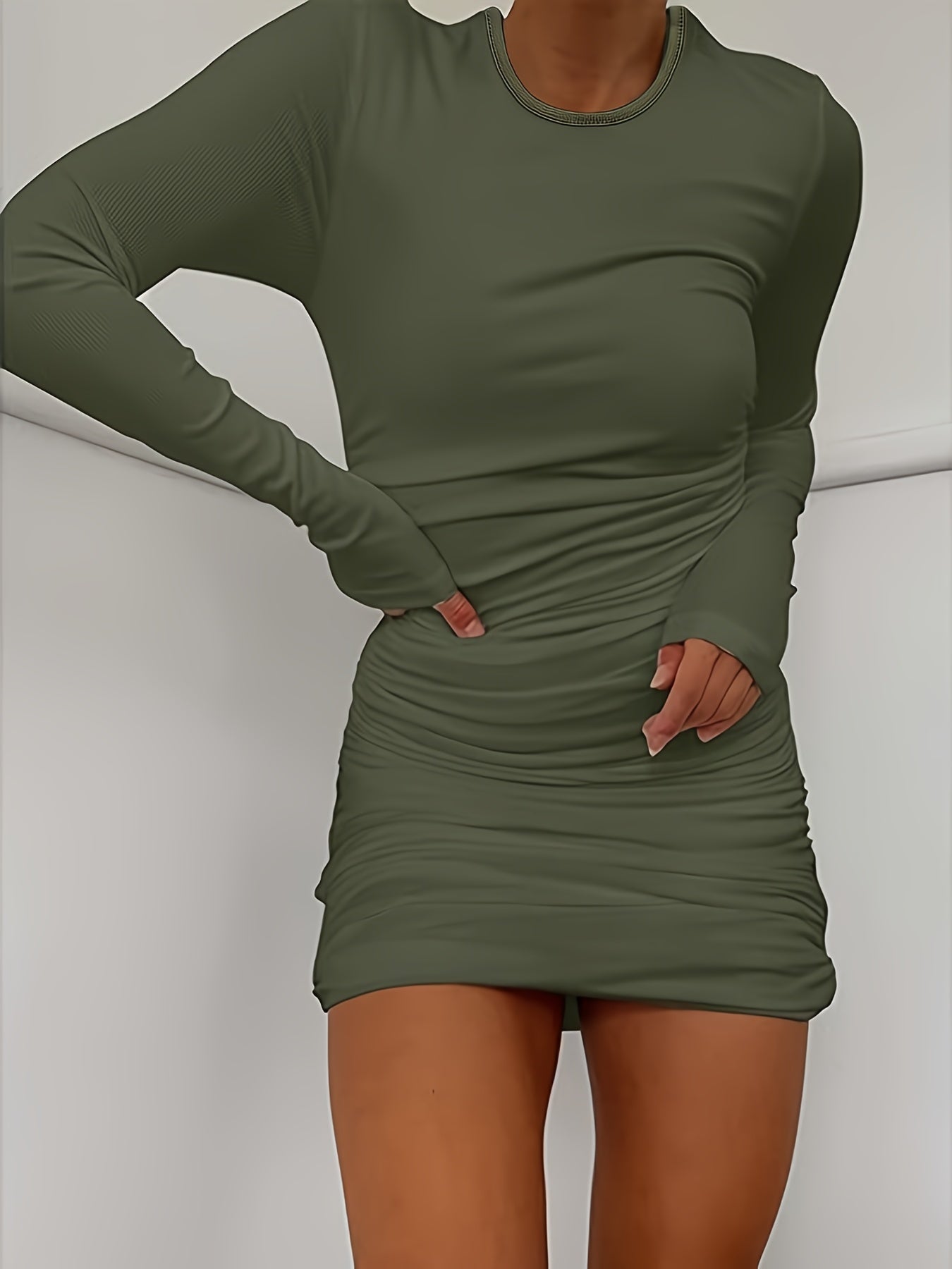 Solid Crew Neck Ruched Dress, Elegant Long Sleeve Bodycon Dress, Women's Clothing