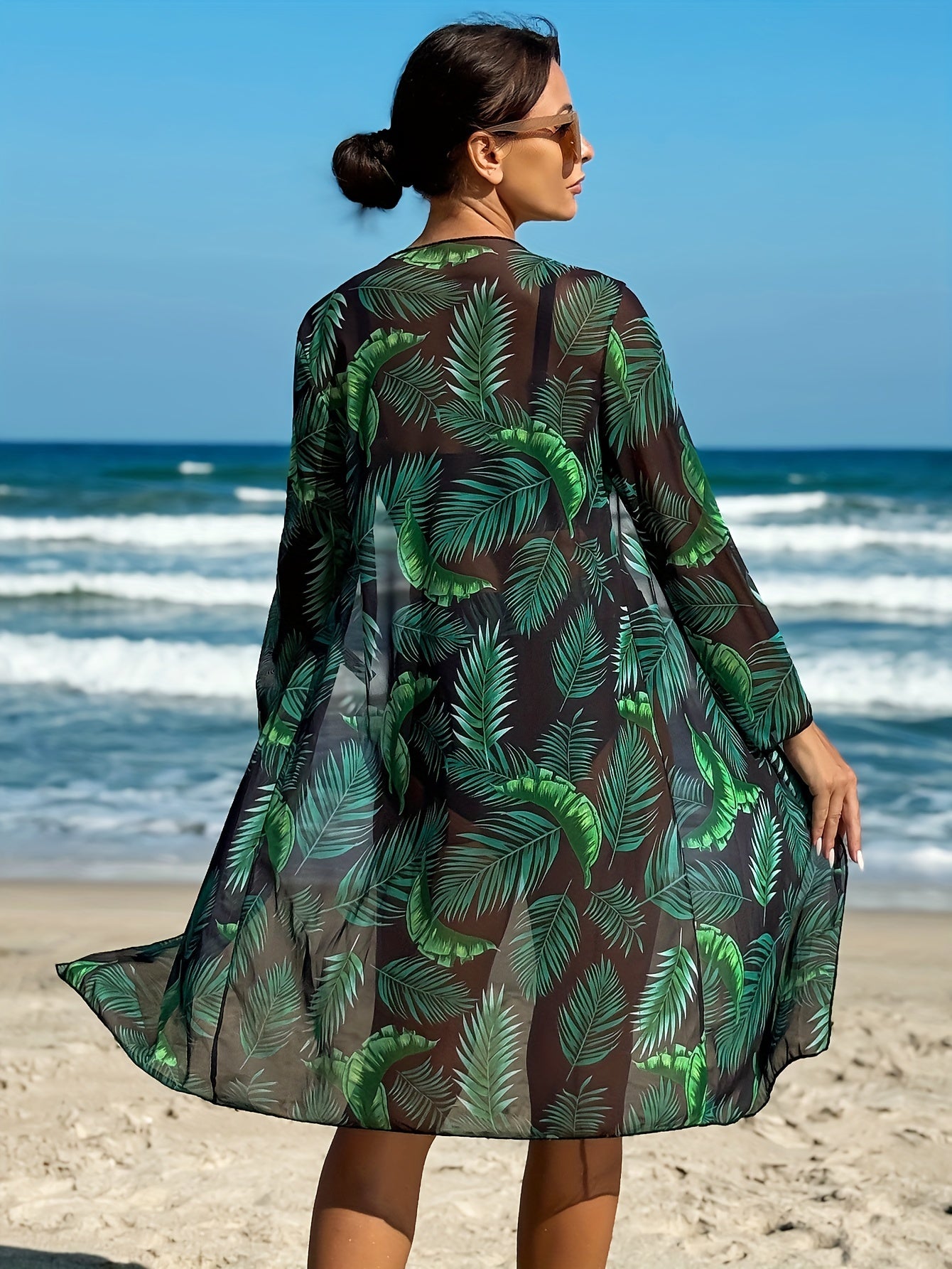 Tropical Leaf Print Stretchy 3 Piece Set Bikini With Long Sleeve Kimono, Scoop Neck Contrast Band Stylish Swimsuits, Women's Swimwear & Clothing For Holiday