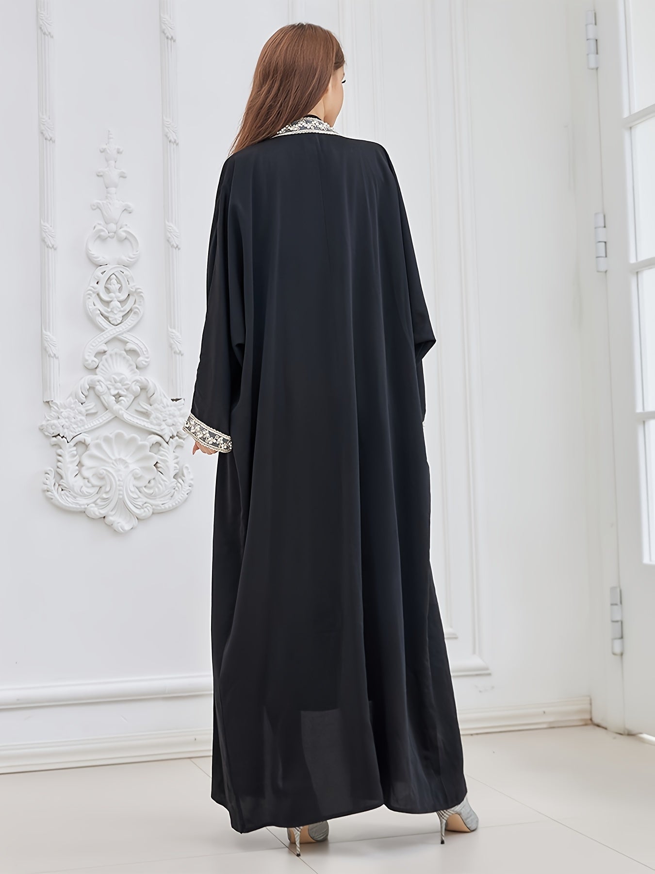 Contrast Trim Beaded Abaya, Elegant Batwing Sleeve Loose Maxi Belted Dress