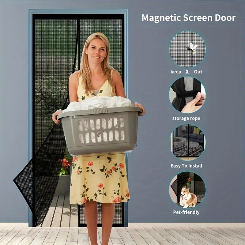 1pc Heavy-Duty Magnetic Screen Door With Full Frame Hook & Loop, Durable Polyester Mesh Curtain For Fresh Air Circulation, Easy Entry For Pets, Kid Friendly, Bug & Insect Proof, Fits Doors Up To 38x82 Inches