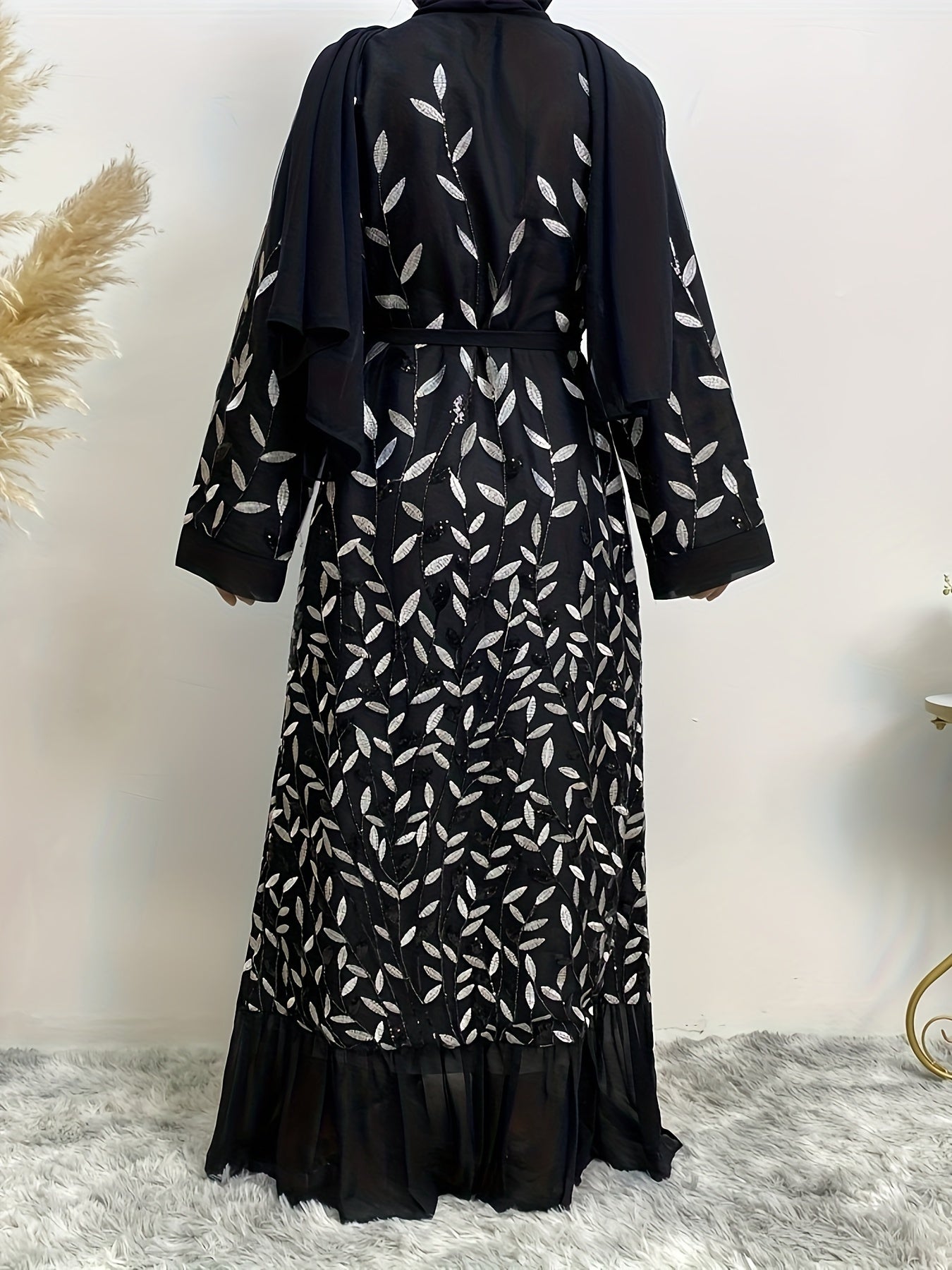 Leaves Embroidered Modest Dress, Elegant Belted Ruffle Hem Long Sleeve Maxi Dress