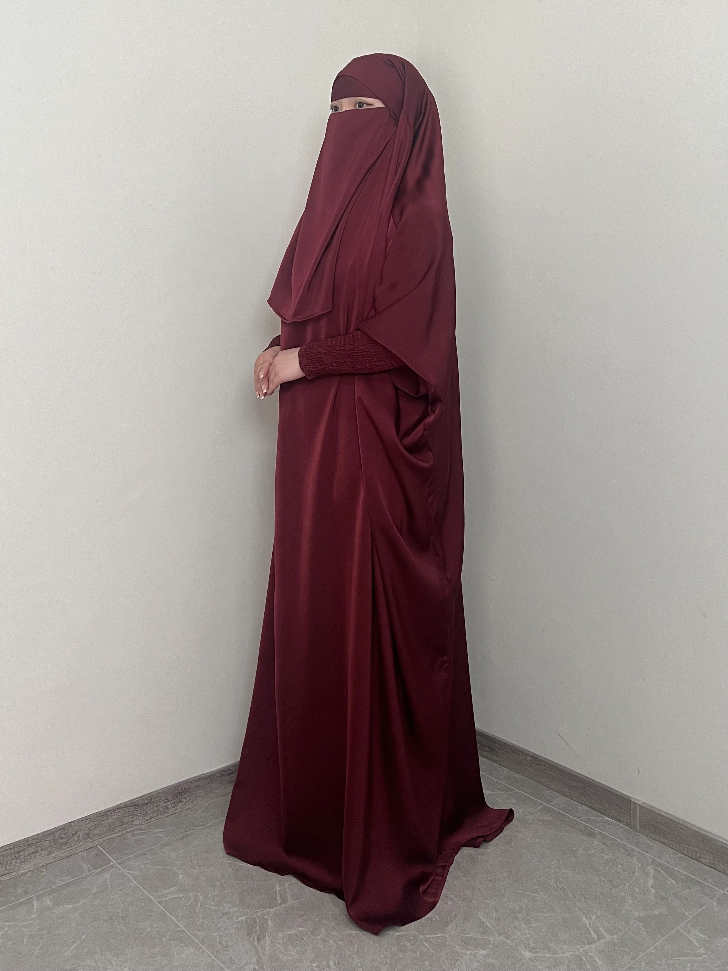 Solid Color Hooded Modest Dress, Elegant Batwing Sleeve Loose Fit Maxi Dress, Women's Clothing