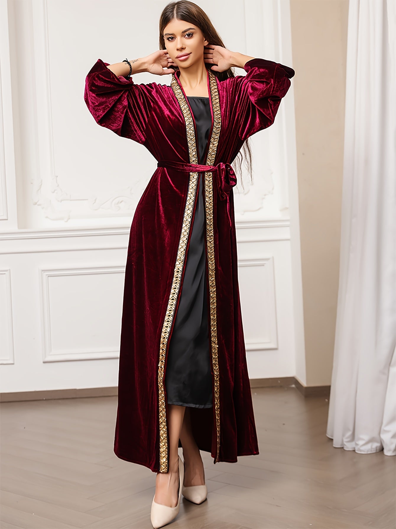 Ramadan Solid Open Front Kaftan, Elegant Long Sleeve Belted Maxi Dress