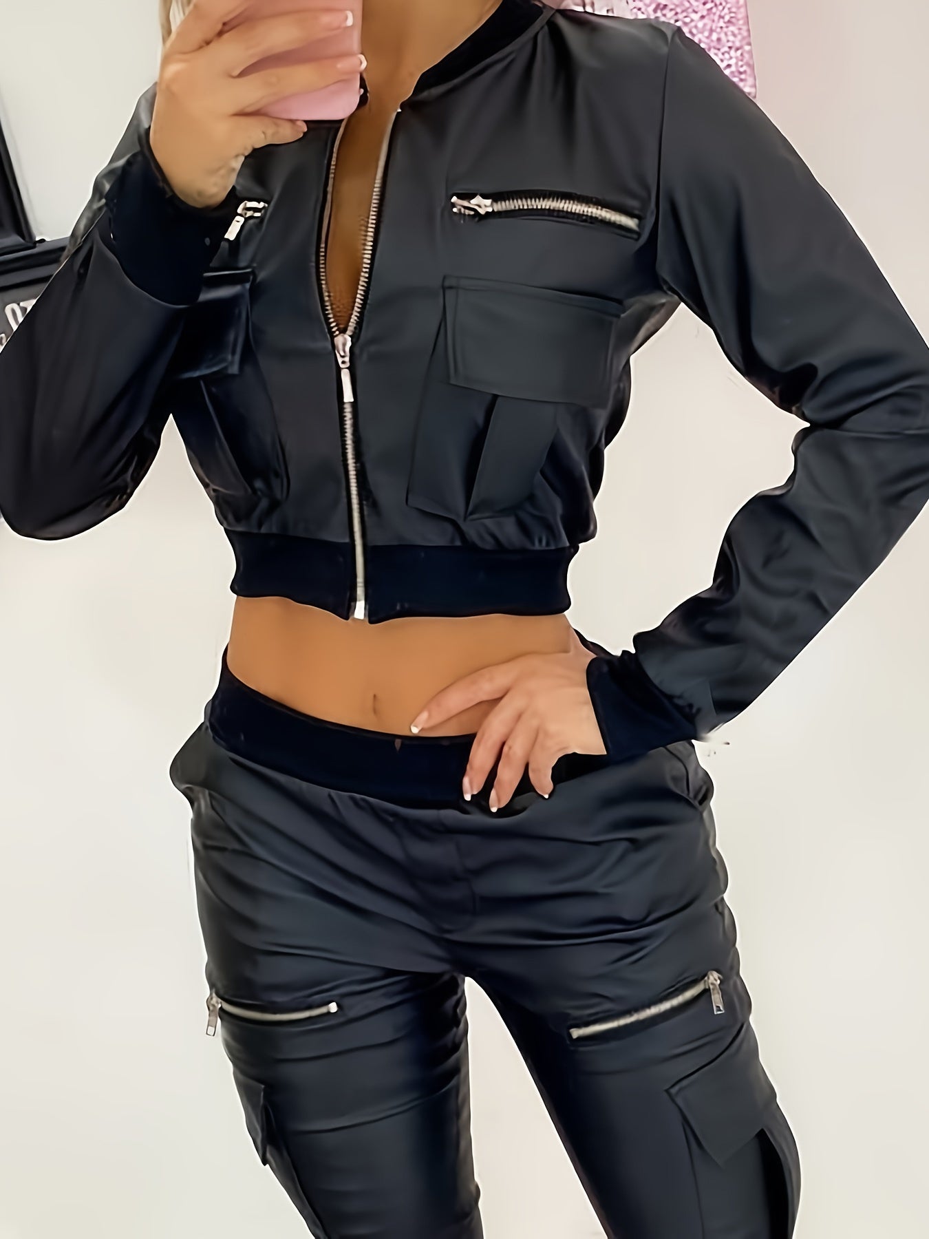 Zipper Solid Crop Jacket, Y2K Long Sleeve Jacket For Spring & Fall, Women's Clothing