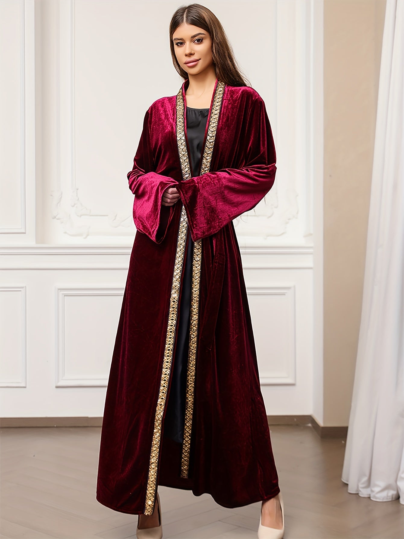 Ramadan Solid Open Front Kaftan, Elegant Long Sleeve Belted Maxi Dress