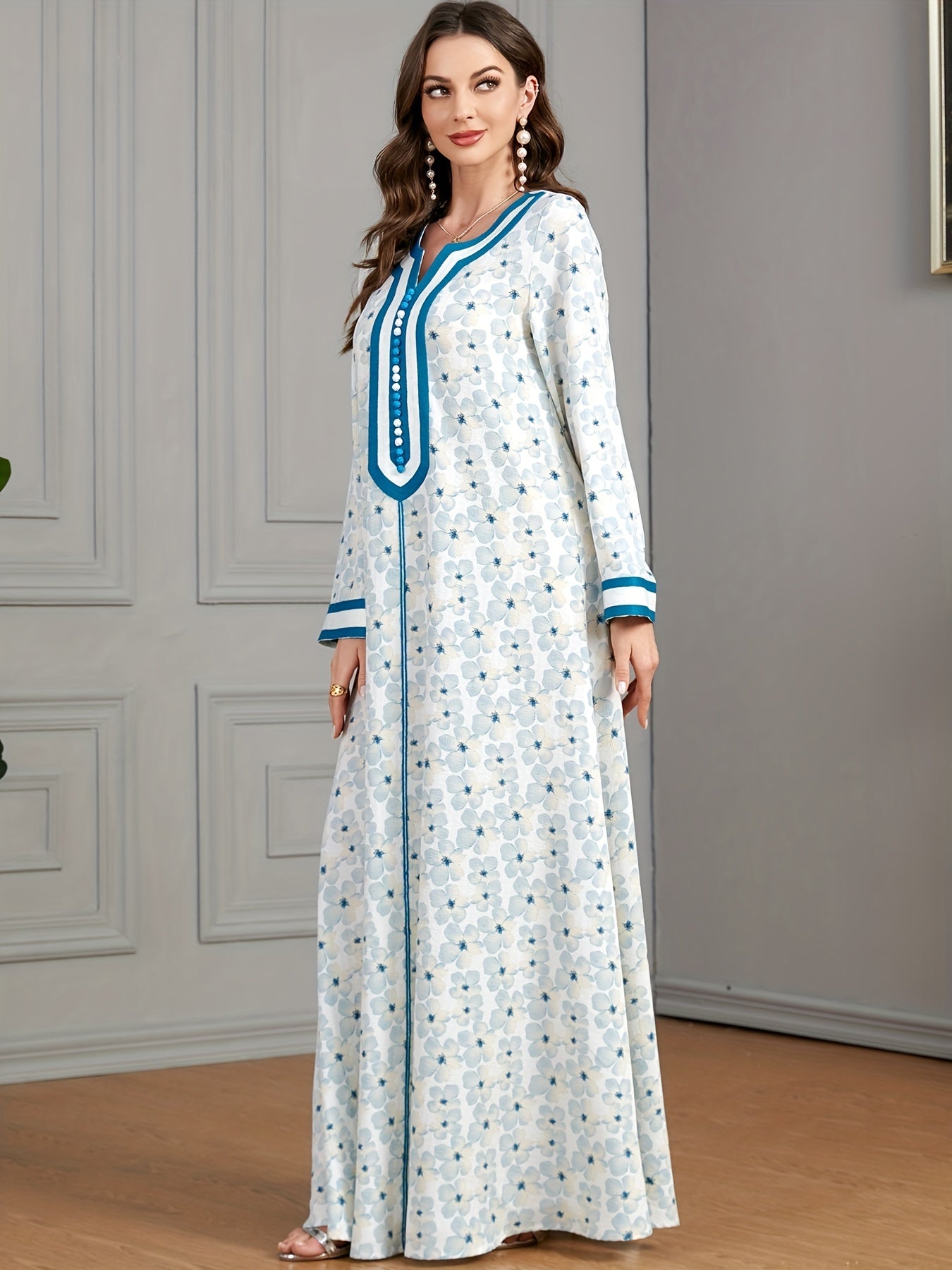 Ramadan Floral Print Contrast Trim Kaftan Dress