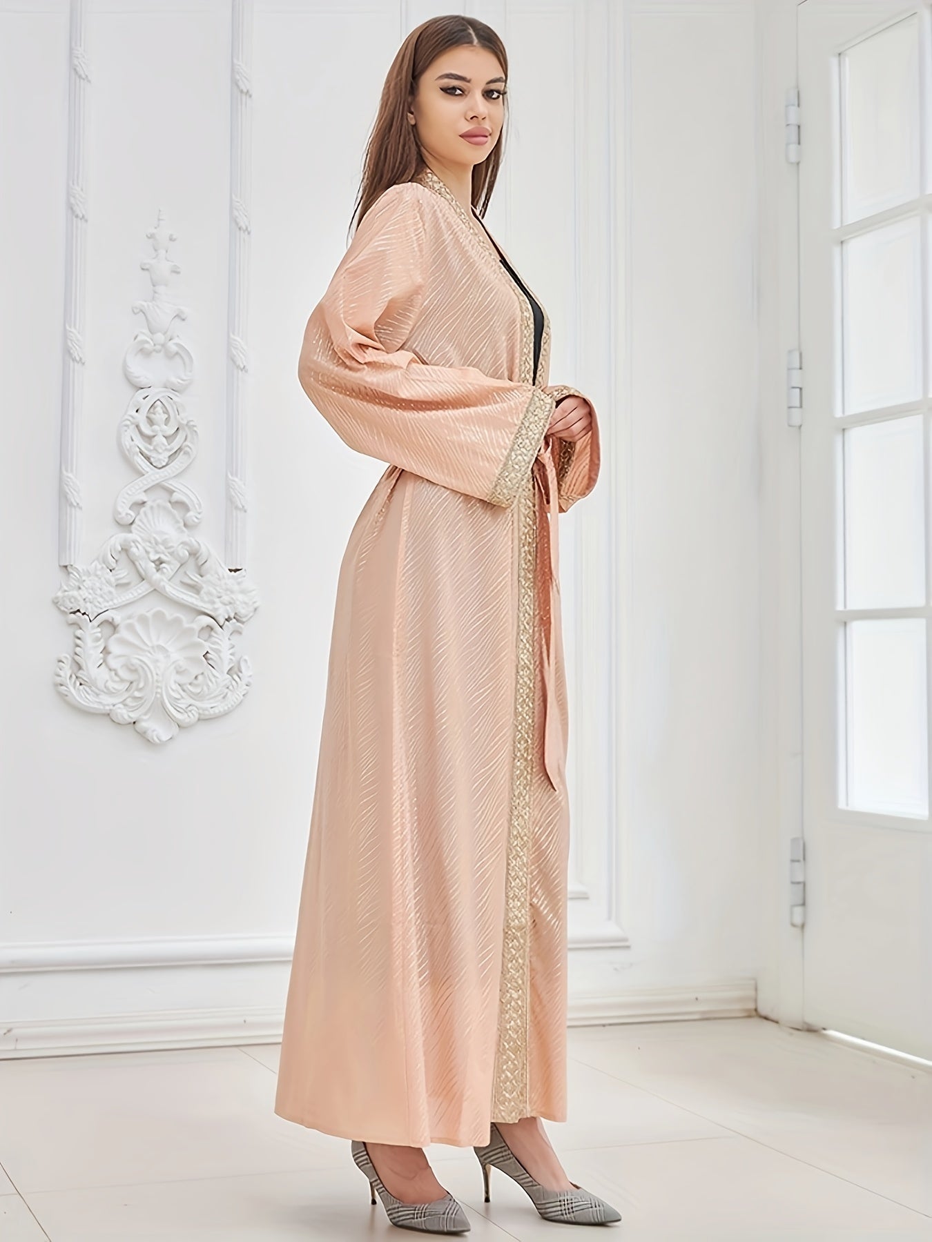 Open Front Long Sleeve Kaftan Dress, Elegant Tie-waist Maxi Length Dress