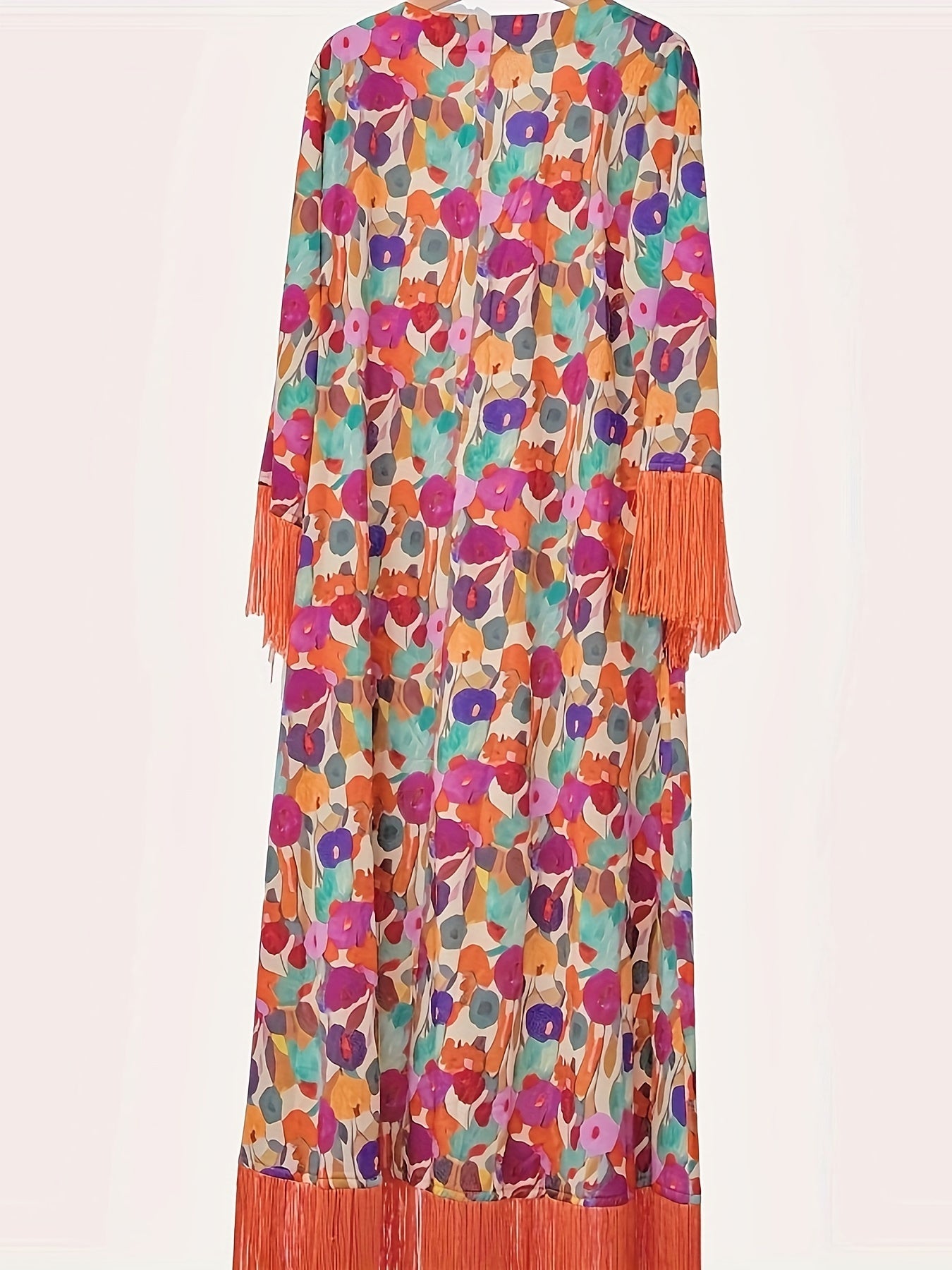 (Mukhor) Floral Print Tassel Trim Abayas Dress, Elegant V Neck Long Sleeve Loose Maxi Dress