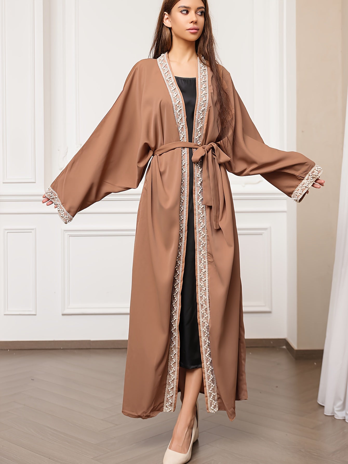 Contrast Trim Beaded Abaya, Elegant Batwing Sleeve Loose Maxi Belted Dress