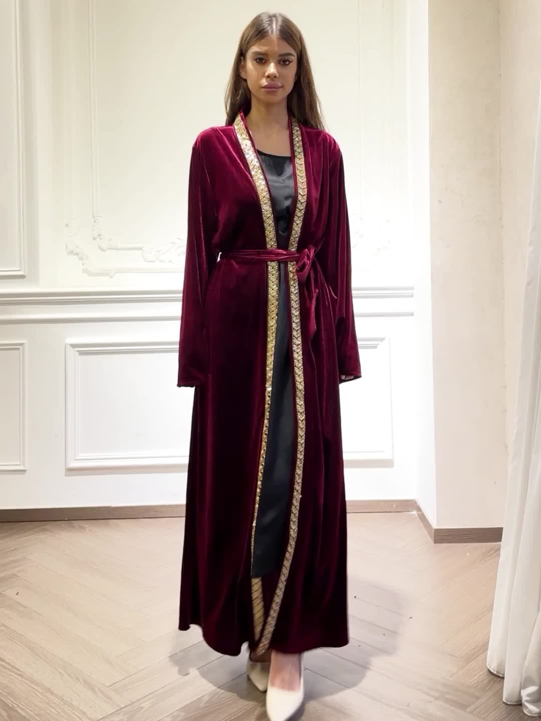 Ramadan Solid Open Front Kaftan, Elegant Long Sleeve Belted Maxi Dress